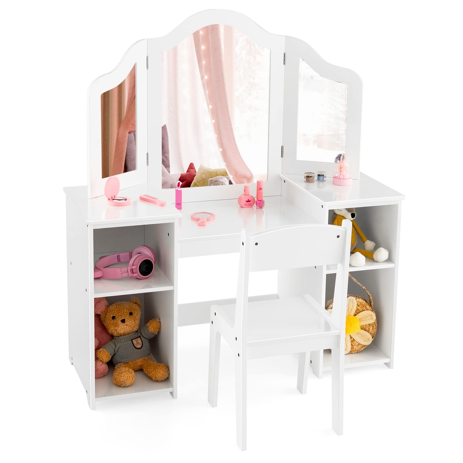 Costzon Kids Vanity Set with Mirror & Storage - White Princess Makeup Desk for Girls Playroom