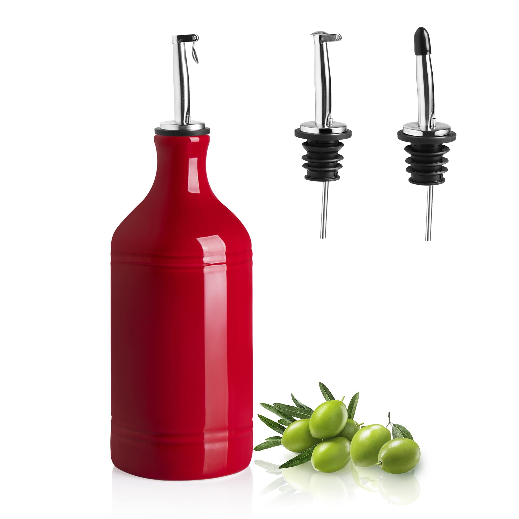 Premium Ceramic Olive Oil Dispenser Bottle - 15.5oz Opaque Oil Cruet to Reduce Oxidation - Ideal for Storing Olive Oil, Vinegar, Coffee Syrups & Liquids - Perfect for Kitchen Countertop, Dining Table & Gourmet Cooking (Red)
