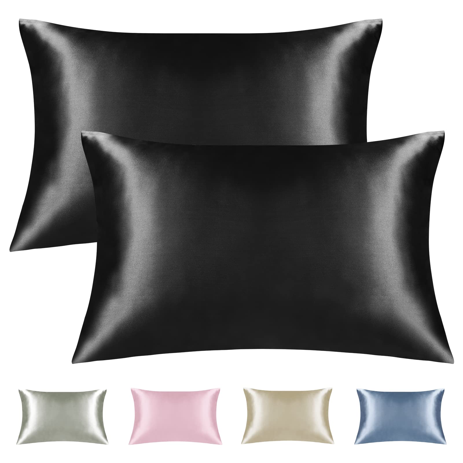 Premium Black Satin Pillowcase Set of 2 - 20x26 Inch Standard Size Silk Pillowcases for Hair & Skin Care, Cooling Luxury Pillow Covers with Envelope Closure - Perfect for Bedroom, Travel & Gift Giving