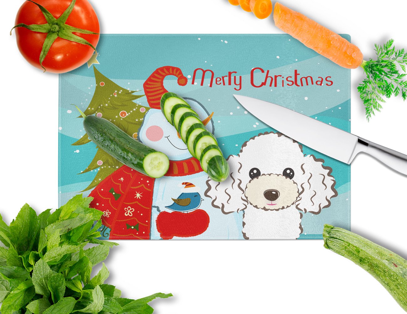 Snowman with White Poodle Tempered Glass Cutting Board - Large Decorative Kitchen Chopping & Serving Board for Holiday Entertaining & Christmas Decor