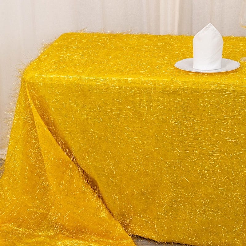 90x156 Inch Elegant Polyester Rectangular Tablecloth with Shimmering Metallic Tinsel Trim - Perfect for Wedding Banquets, Holiday Parties & Formal Dining Decorations