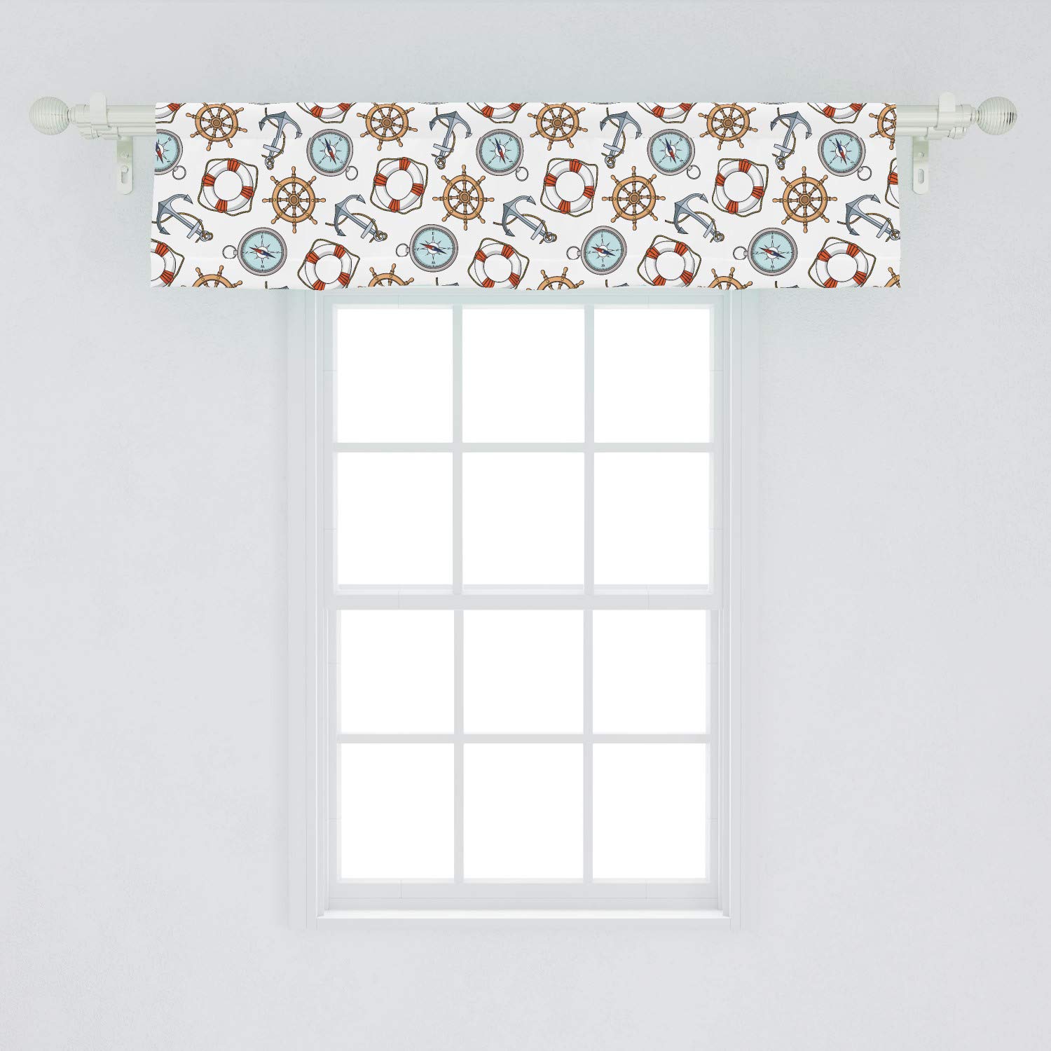 Ambesonne Nautical Window Valance - Ship Steering Wheel & Anchor Marine Design, Ecru Blue Grey, 54