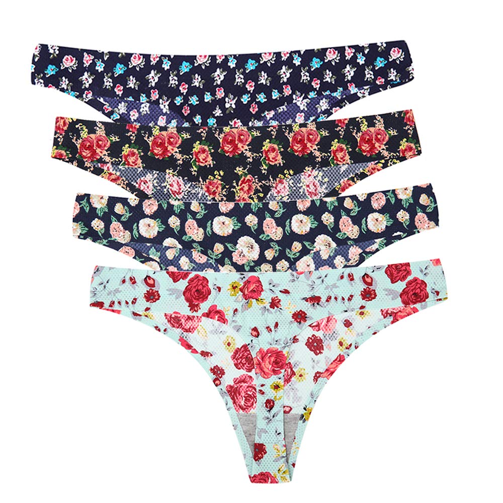 Pintoqueen 4 Pack Women's Seamless Thong & G-String Underwear Set - Printed Bikini Panties for Everyday Comfort & Sexy Lingerie Looks