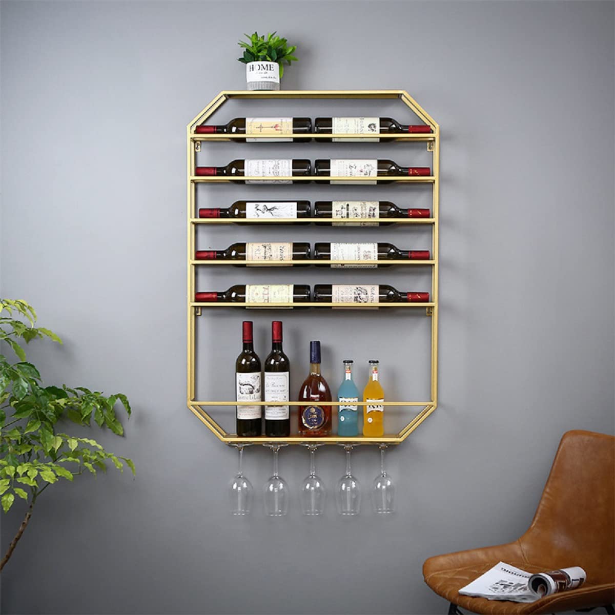 Premium Gold Wall Mounted Wine Rack Shelf - 10 Bottle Capacity with Glass Holder, Metal Hanging Wine Storage for Kitchen, Dining Room & Bar Decor - Perfect for Home Entertaining & Wine Display