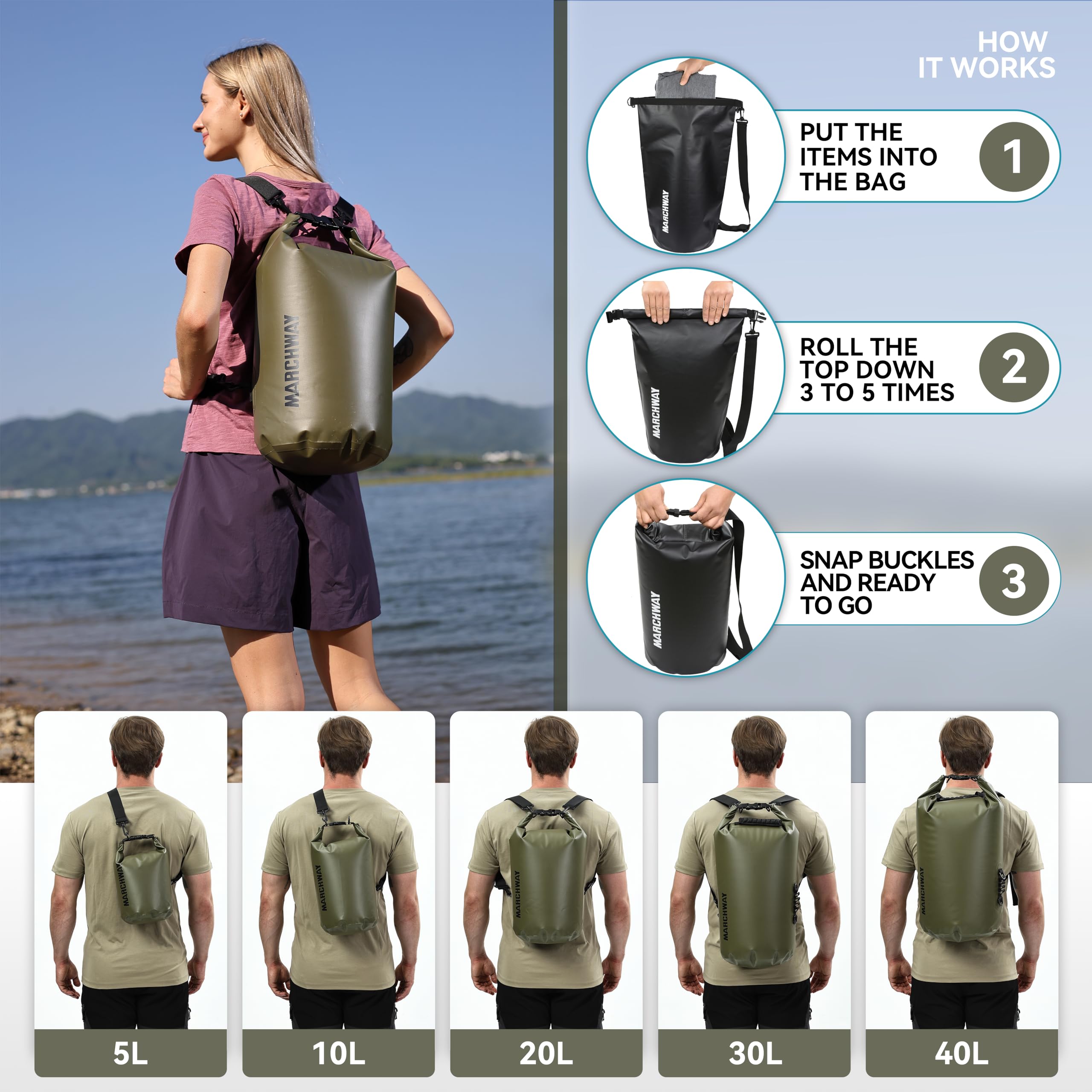 **Waterproof Dry Bag Backpack 5L/10L/20L/30L/40L - Floating Roll Top Sack for Kayaking, Rafting, Boating, Swimming, Camping, Hiking, Beach & Fishing - Keep Gear Dry in Any Water Adventure**    (Note: 