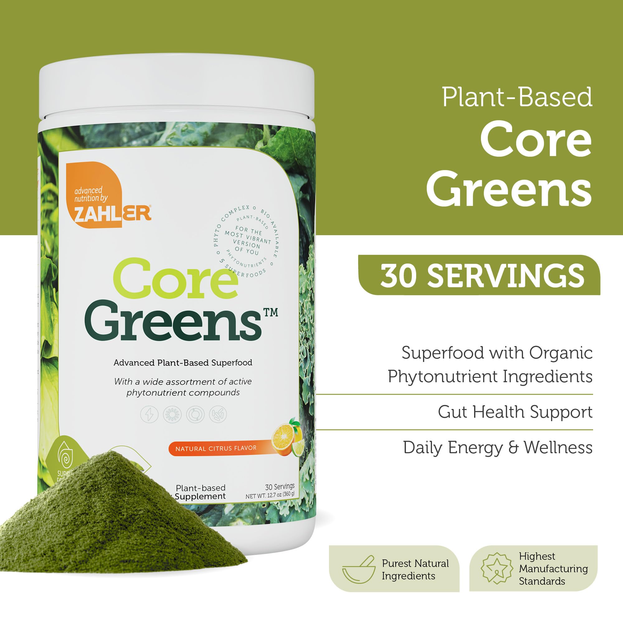 Zahler Core Greens - Organic Superfood Powder with Spirulina, Chlorella & Phytonutrients - Kosher, Non-GMO, Citrus Flavor for Green Juice & Smoothies - Boost Energy & Detox for Active Lifestyles