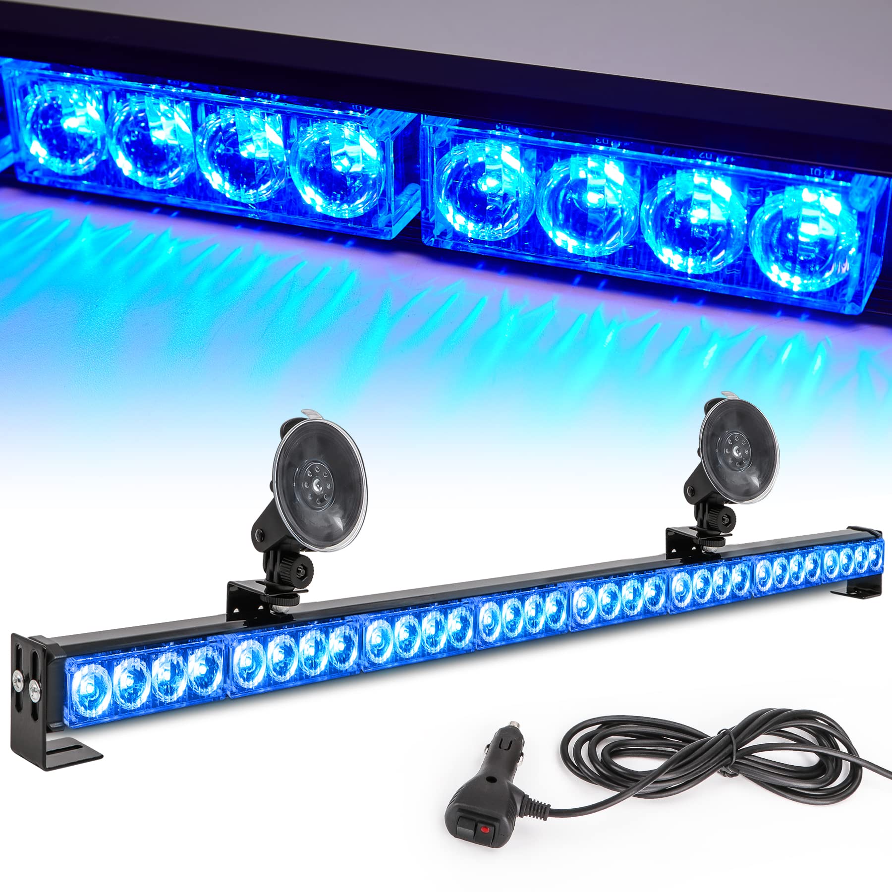 LE-JX 36in Blue Emergency Strobe Light Bar - 13 Flash Patterns, Traffic Advisor & Hazard Warning Light for Police Vehicles, Trucks & Emergency Use - 32 LED Windshield Safety Lights with Cigar Lighter (35.5in) - Perfect for Roadside Emergencies, Construction Zones & Security Patrols