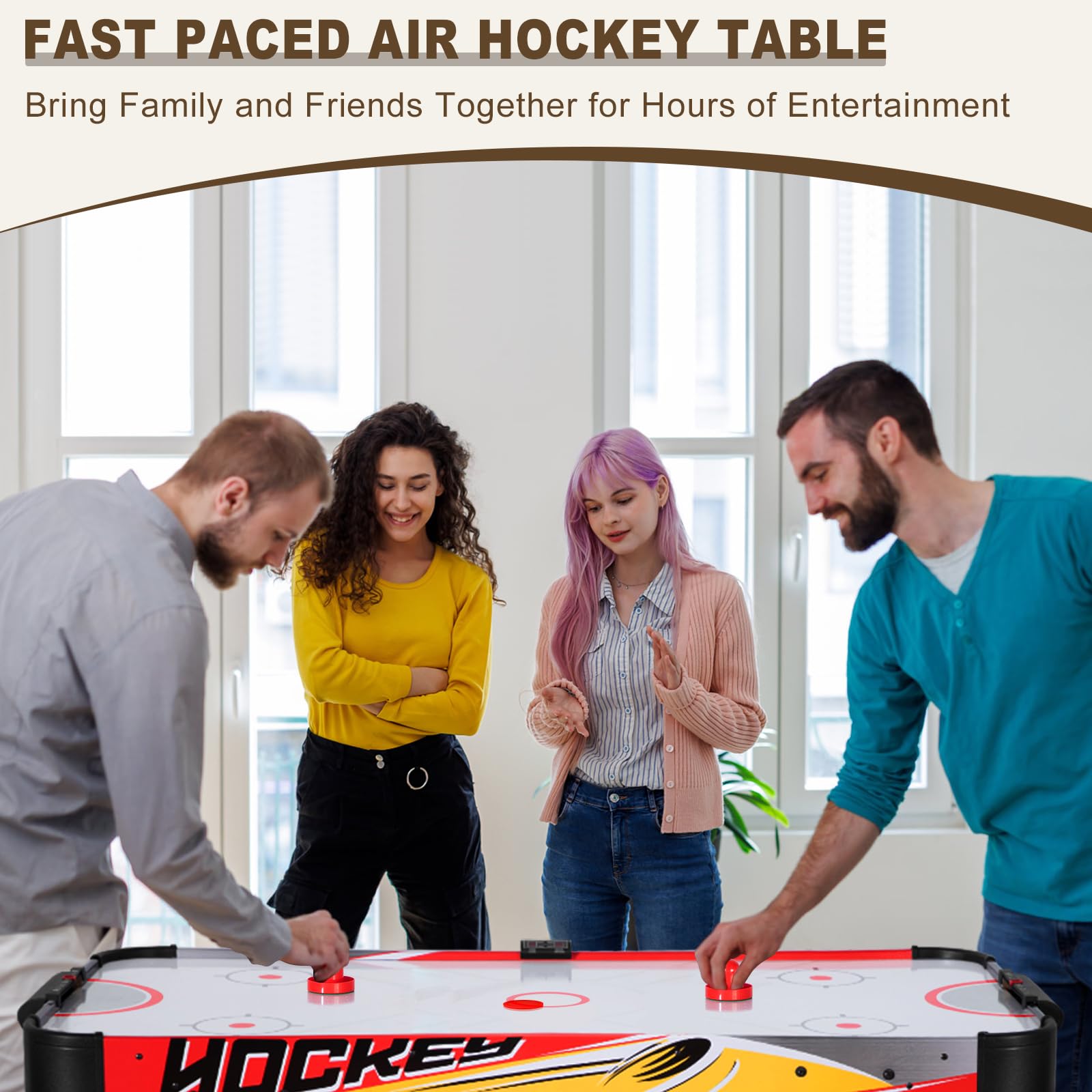 58in Foldable Air Hockey Table with Strong Motor & LED Scoreboard - 2 Pucks & 2 Pushers Included - No Assembly Required (Red & Yellow) - Perfect for Family Game Nights, Kids Parties & Indoor Entertainment