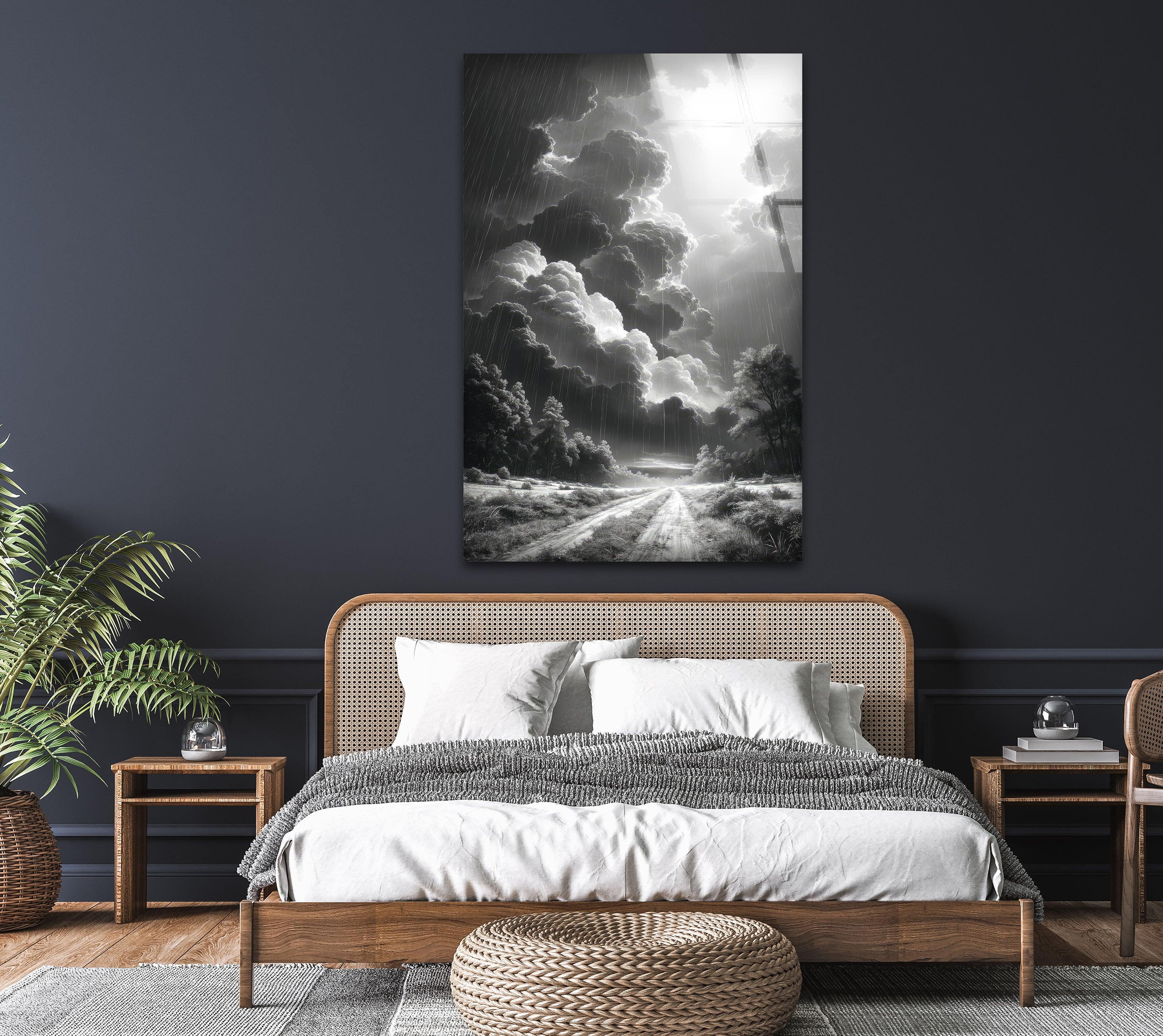 Black and White Storm Glass Wall Art - Dramatic Rainy Landscape Painting for Home & Office Decor - Perfect for Living Room, Bedroom, or Office Wall Decor