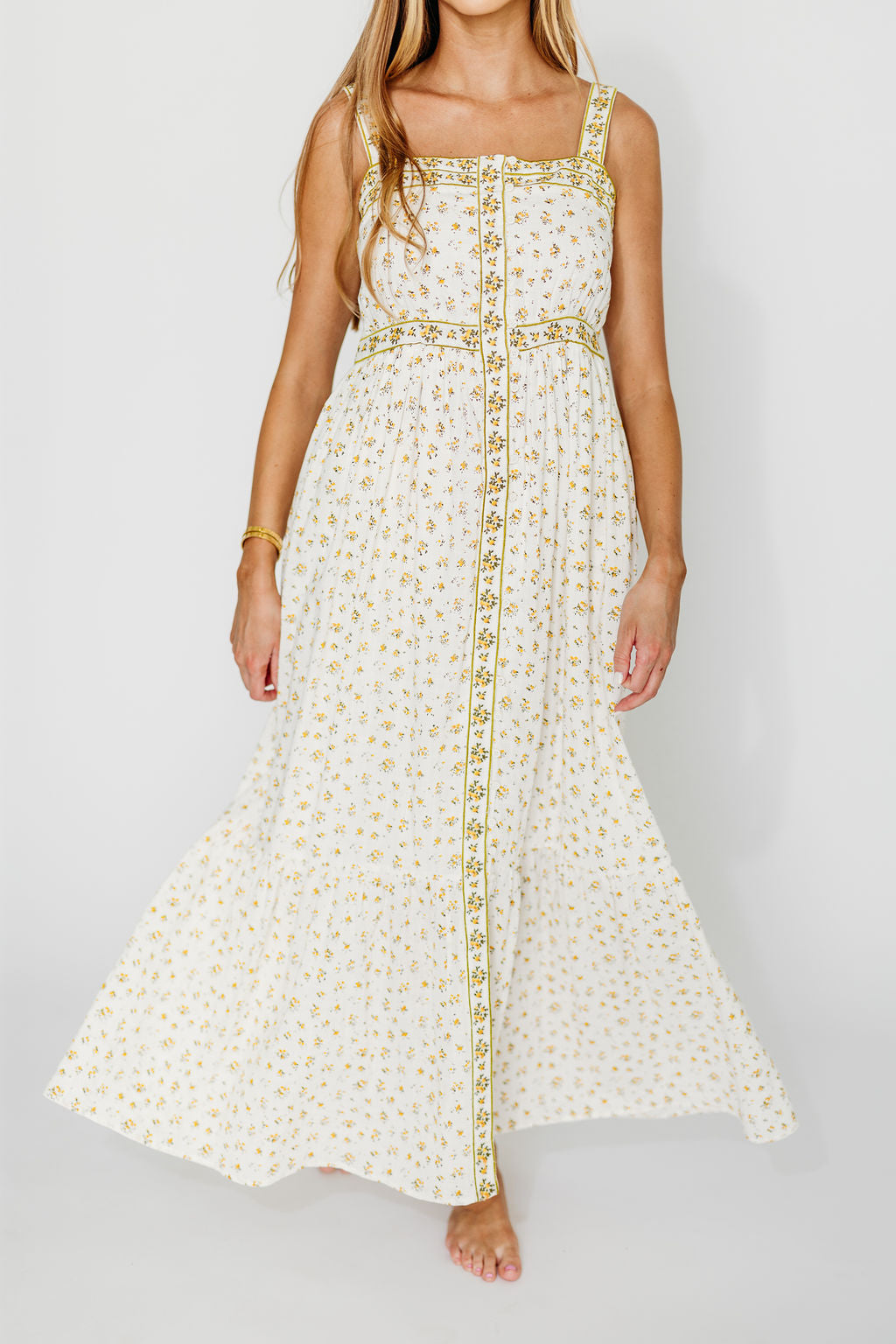 Kenna Cotton Floral Embroidered Maxi Dress in Daffodil Yellow | Boho Summer Beach Dress for Women | Perfect for Vacations, Weddings & Outdoor Events