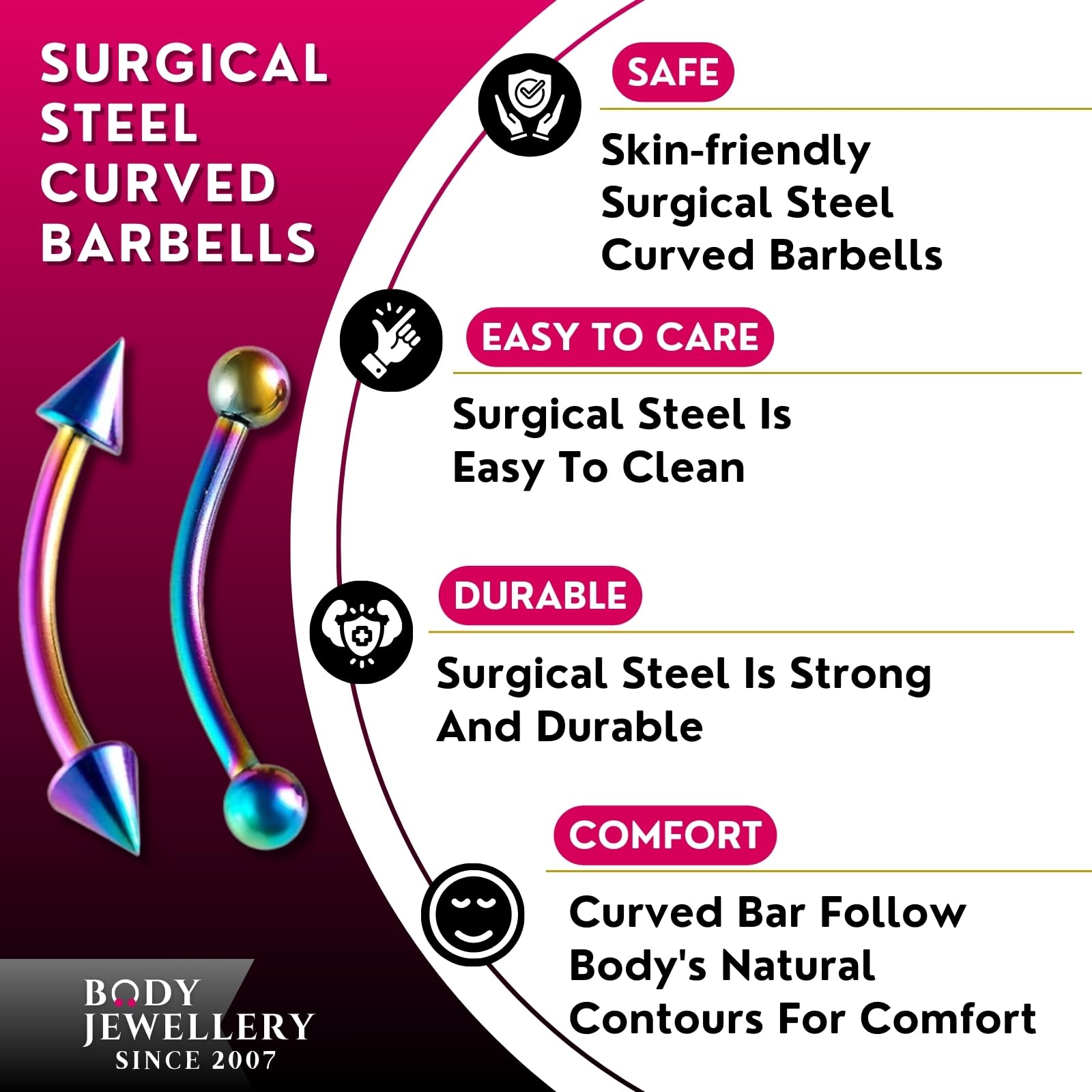16G Surgical Steel Curved Barbell Earrings - Cartilage, Eyebrow, Lip Rings with Balls for Conch, Rook, Labret Piercings | Perfect for Everyday Wear, Parties & Alternative Fashion