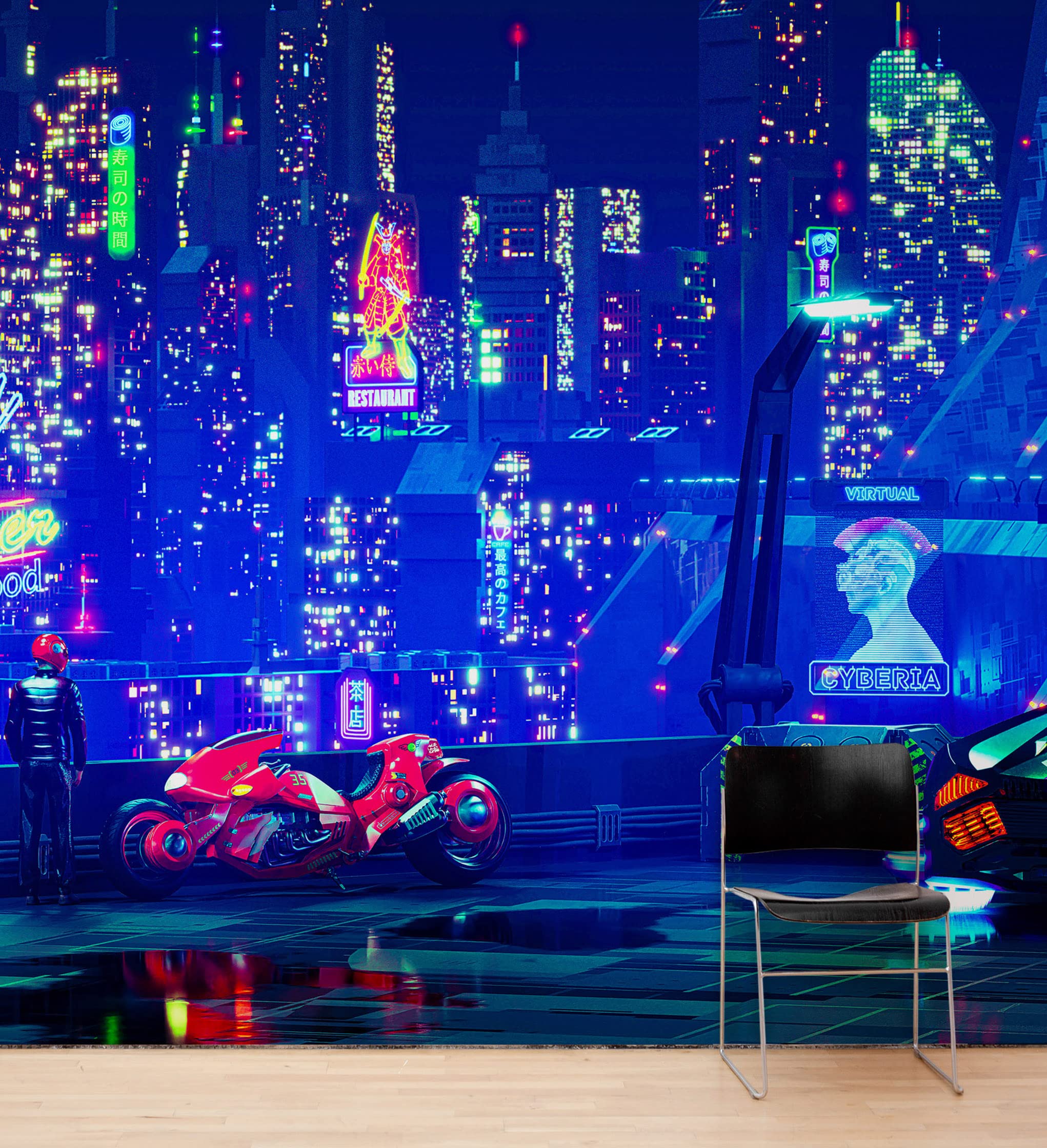 Cyberpunk Futuristic Japan City Wall Mural - Synthwave Anime Style Backdrop #6322 (9ft x 8ft) - Perfect for Gaming Rooms, Anime Themed Bedrooms & Neon Party Decorations