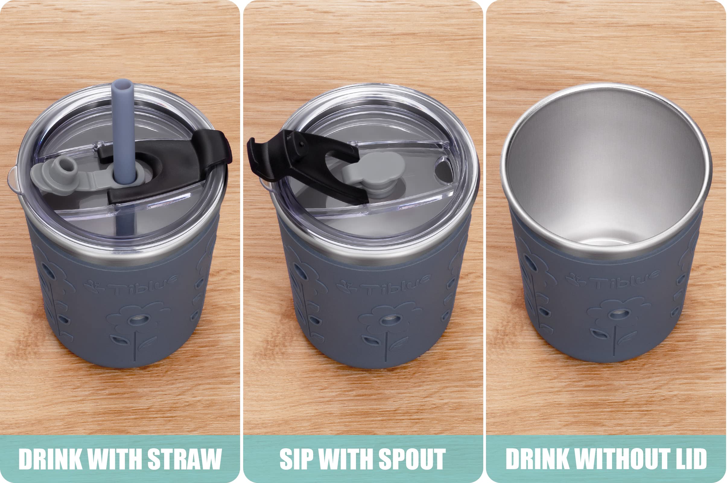 Tiblue 4-Pack 8oz Stainless Steel Kids & Toddler Cups - Spill Proof, Leak Proof Lids with Silicone Straw, Stopper & Sleeve - BPA Free Baby Drinking Cups for Girls & Boys - Perfect for Smoothies, Snacks, Daycare, Travel & Home Use