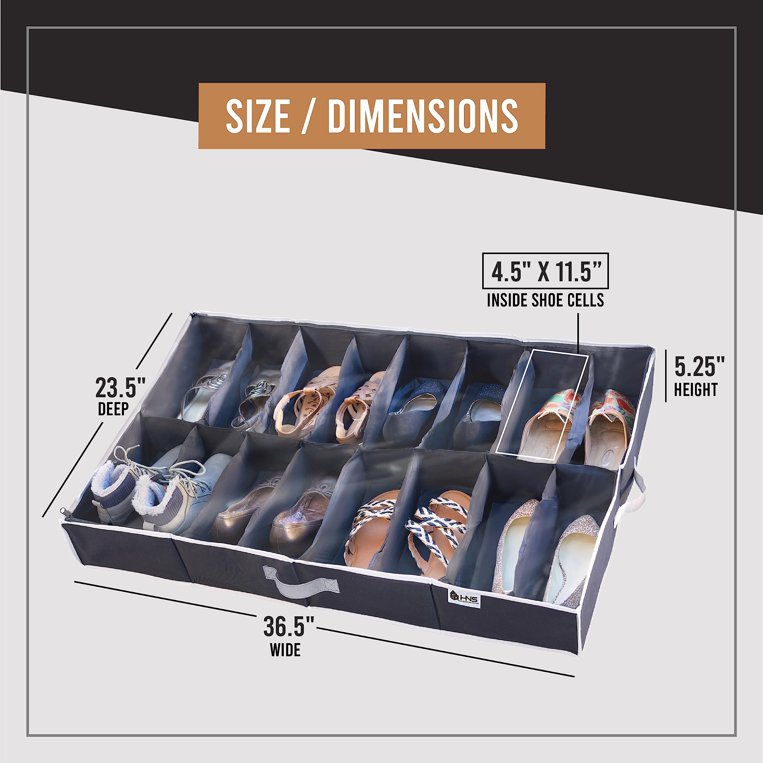 Extra-Large Under Bed Shoe Storage Organizer - Durable Vinyl Cover with Strong Zipper for Men's & Women's Shoes, Sneakers & High Heels | Space-Saving Closet & Bedroom Organization Solution | Perfect for Small Apartments & Dorm Rooms