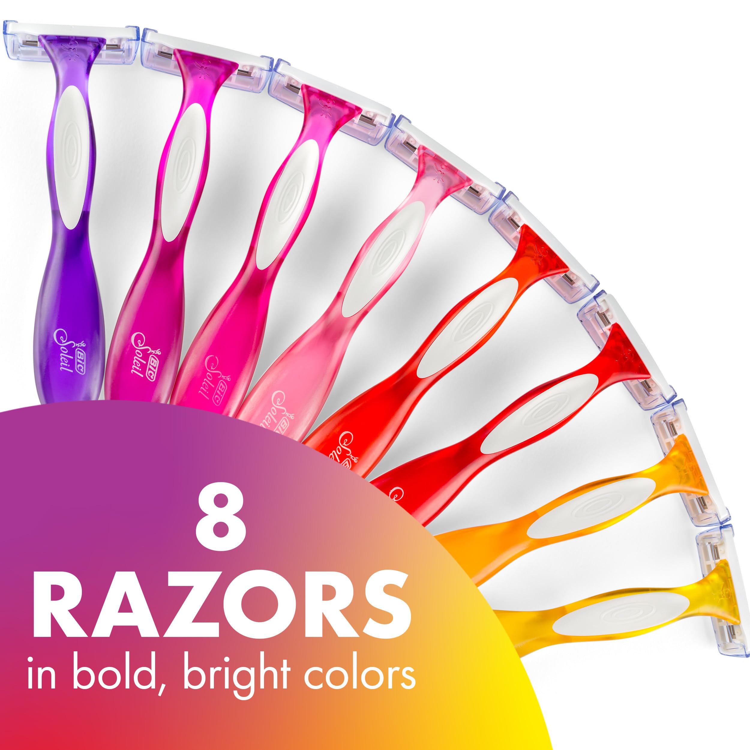 BIC Soleil Smooth Colors Women's Disposable Razors - 8 Count Pack with 3 Blades, Aloe Vera & Vitamin E Lubricating Strip for Smooth Shaving - Perfect for Travel, Gym Bag & Everyday Use
