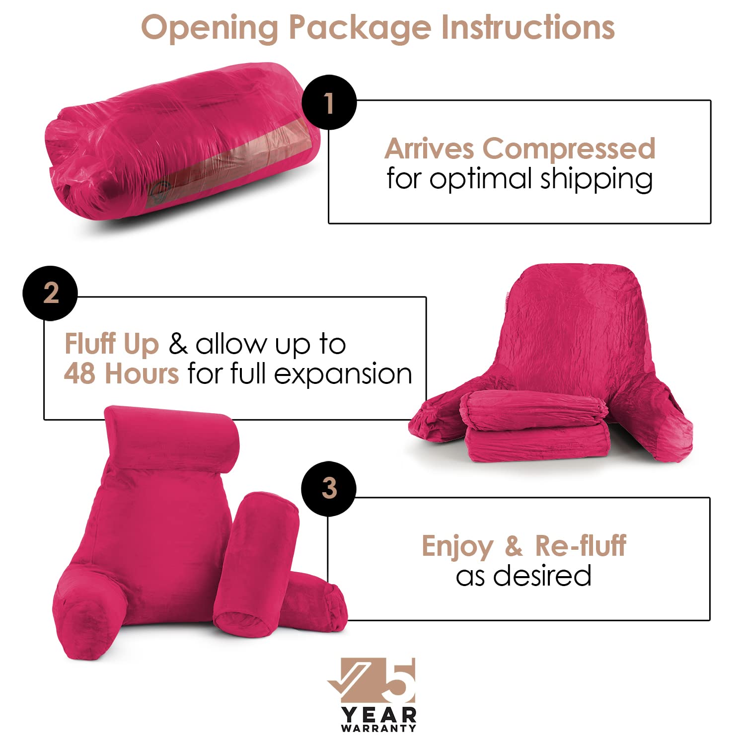 Nestl Large Reading Pillow for Bed - Shredded Memory Foam Back Support Pillow with Pockets - Perfect for Reading, Watching TV, or Relaxing in Bed - Hot Pink Bed Chair Arm Pillow for Adults & Kids