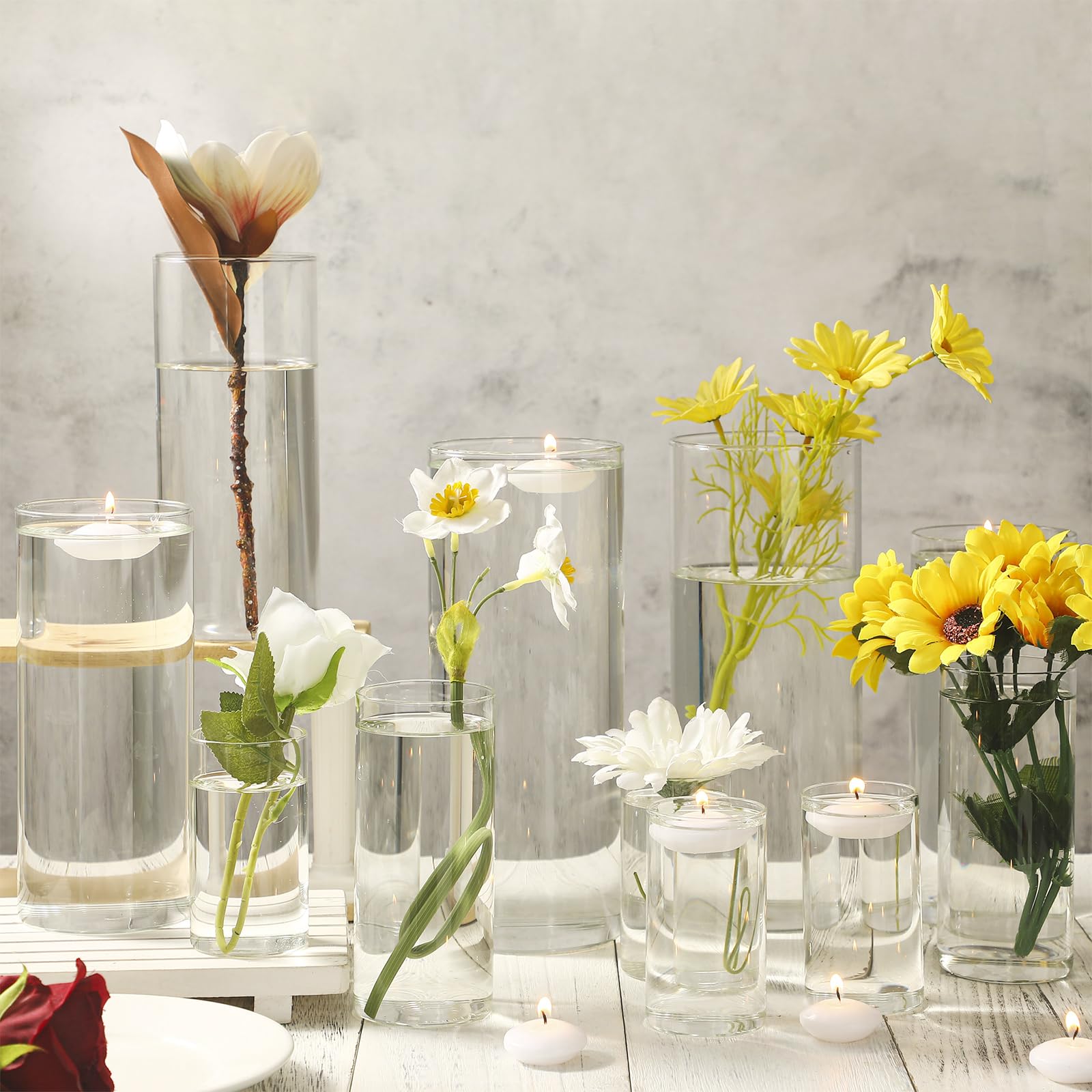 48 Pcs Glass Cylinder Vase Set - 4 Sizes (4/6/8/10 Inch) Clear Round Hurricane Vases with 96 Floating Candles for Wedding Centerpieces, Holiday Decor, Party Events & Home Decoration - Perfect for Table Settings, Floating Flower Displays & Candlelight Dinners
