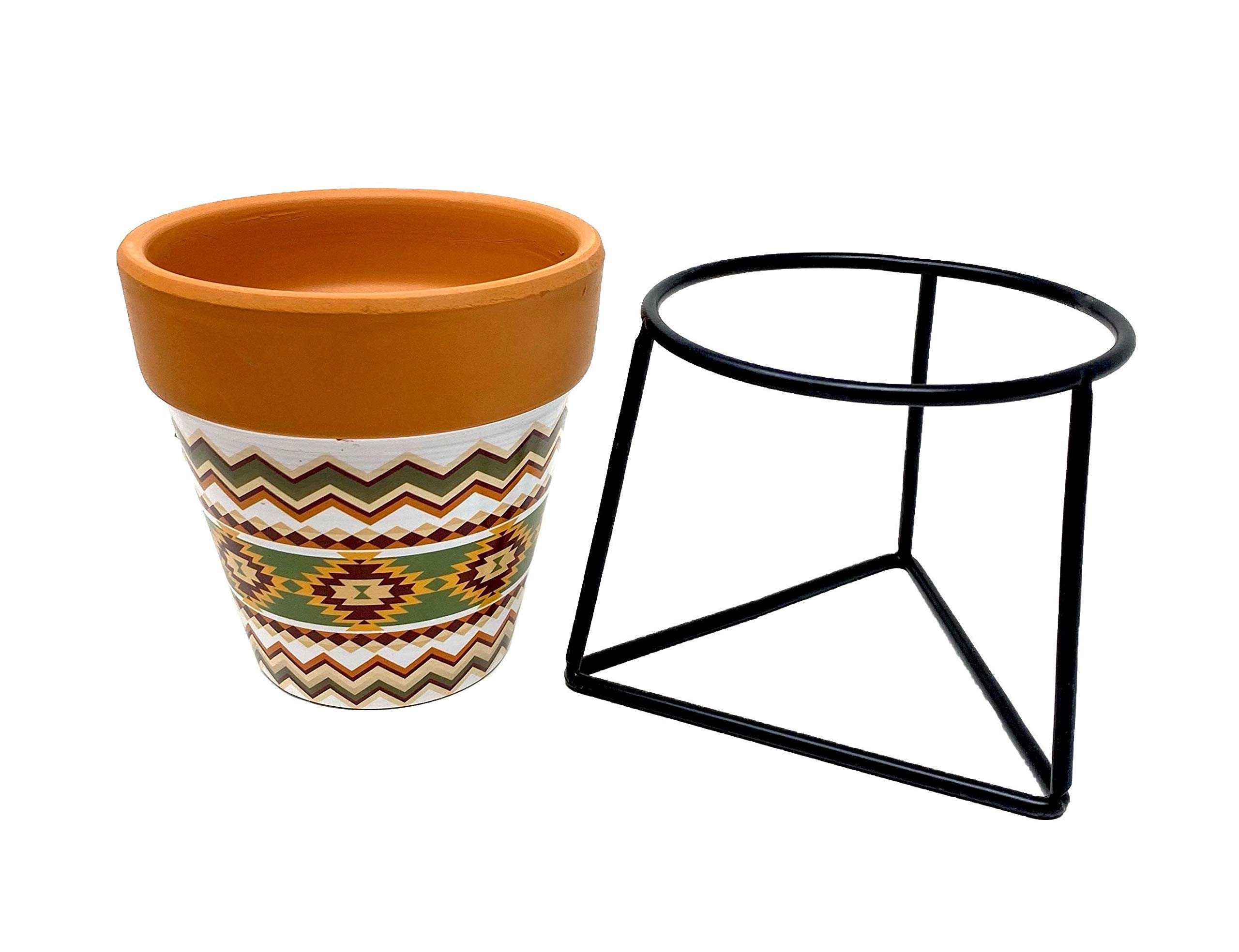 TJ Global Succulent Cactus Planter - Tribal Print Terracotta Pot with Iron Stand | Small Indoor Plant Pot with Drainage Hole | Perfect for Home, Office Desk & Garden Decor | Triangle Base Holder for Stylish Plant Display