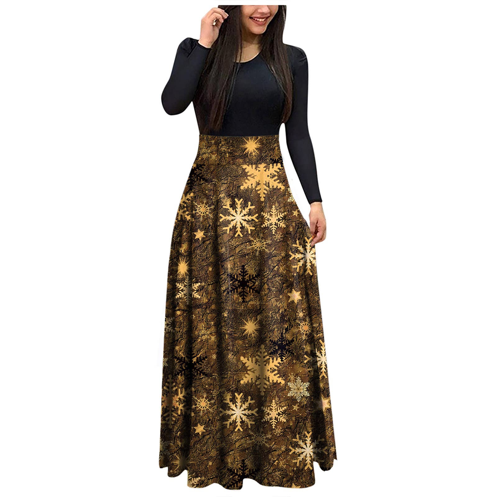 Behkiuoda Women's Leopard Print & Polka Dot Christmas Dress - Round Neck Long Sleeve Ankle-Length Party Dress for Holiday Gatherings, Office Parties & Special Occasions