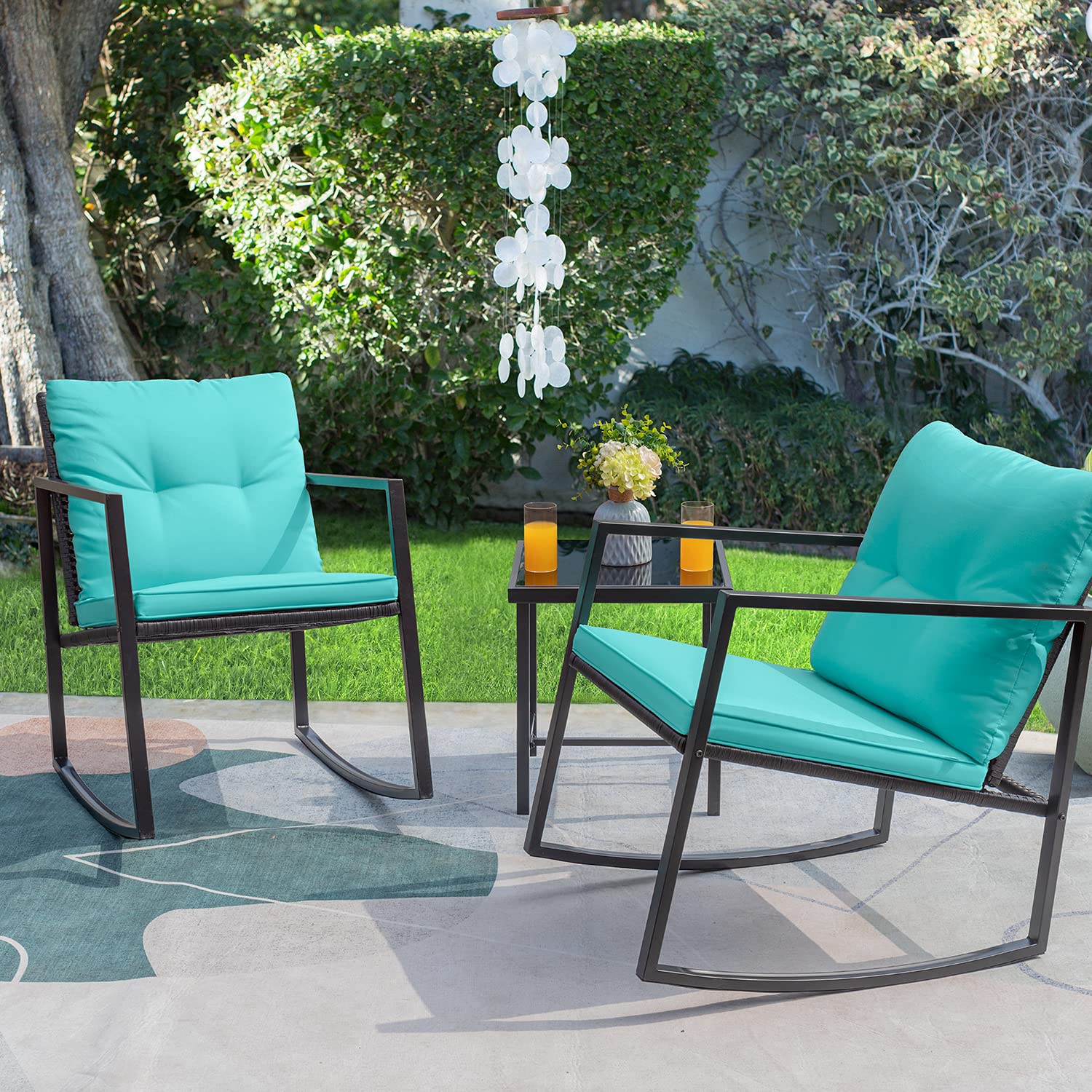 Greesum 3-Piece Wicker Rocking Bistro Set - Outdoor Patio Furniture with Porch Chairs & Glass Coffee Table - Blue - Perfect for Backyard, Garden, Poolside & Balcony Relaxation