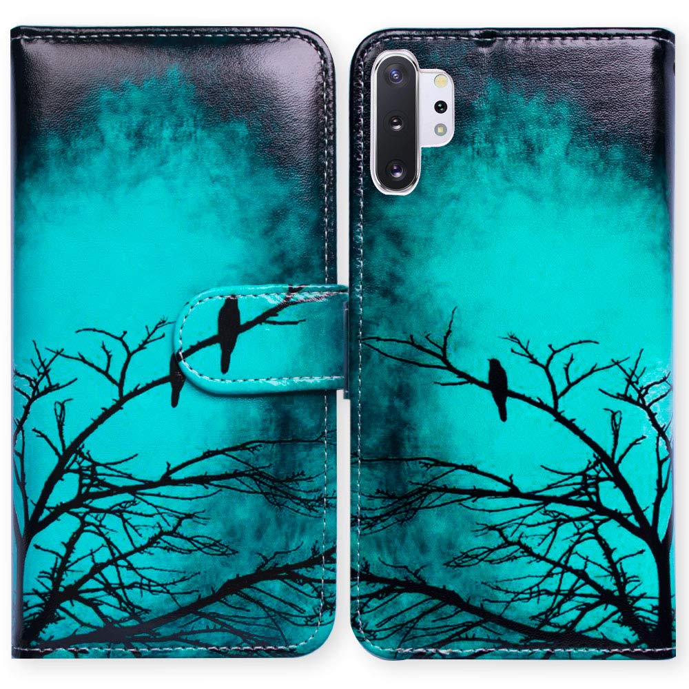 Premium Black Bird Green Leather Flip Wallet Case with Card Slots & Kickstand for Samsung Galaxy Note 10 Plus/Note 10+ - Stylish Protection for Work & Travel