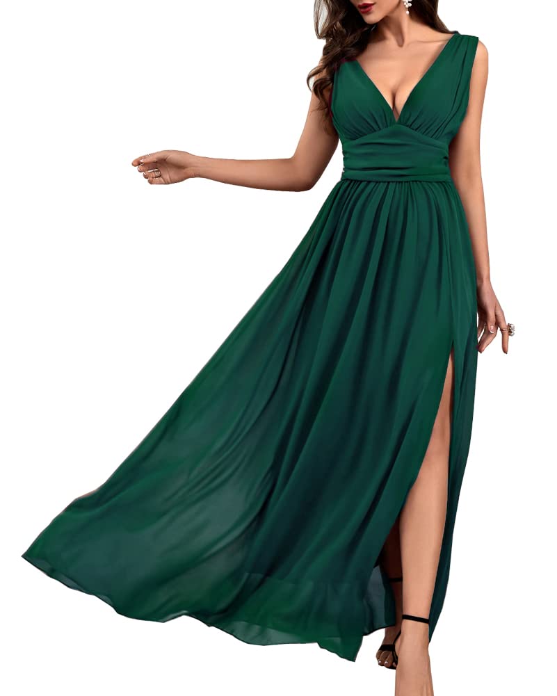 WRStore Women's Sleeveless Maxi Dress - Deep V Neck Formal Evening Gown with High Slit, Solid Color Summer Party Dress for Wedding, Cocktail, Prom & Special Occasions