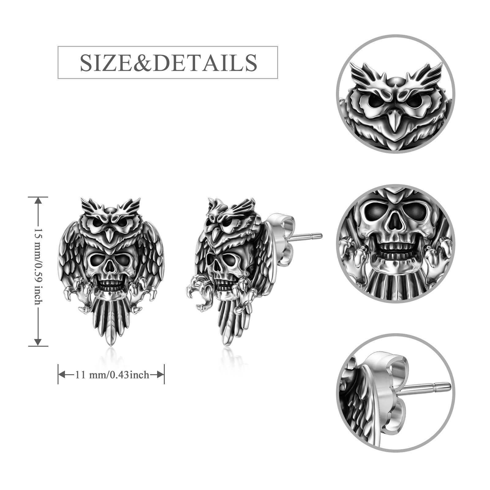 Seiyang 925 Sterling Silver Skull Earrings - Gothic Horns, Snake, Owl, Bones & Pirate Stud Earrings for Women & Men (Gift Box Included) | Perfect for Halloween, Punk Fashion & Gothic Jewelry Lovers