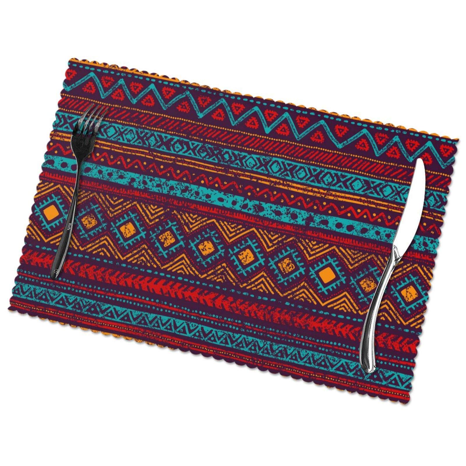 Mexican Placemats Set of 6 - Red Bohemian Ethnic Geometric Striped Washable Non-Slip Table Mats for Kitchen & Dining Decor | Perfect for Indoor/Outdoor Use, Parties & Holiday Gatherings