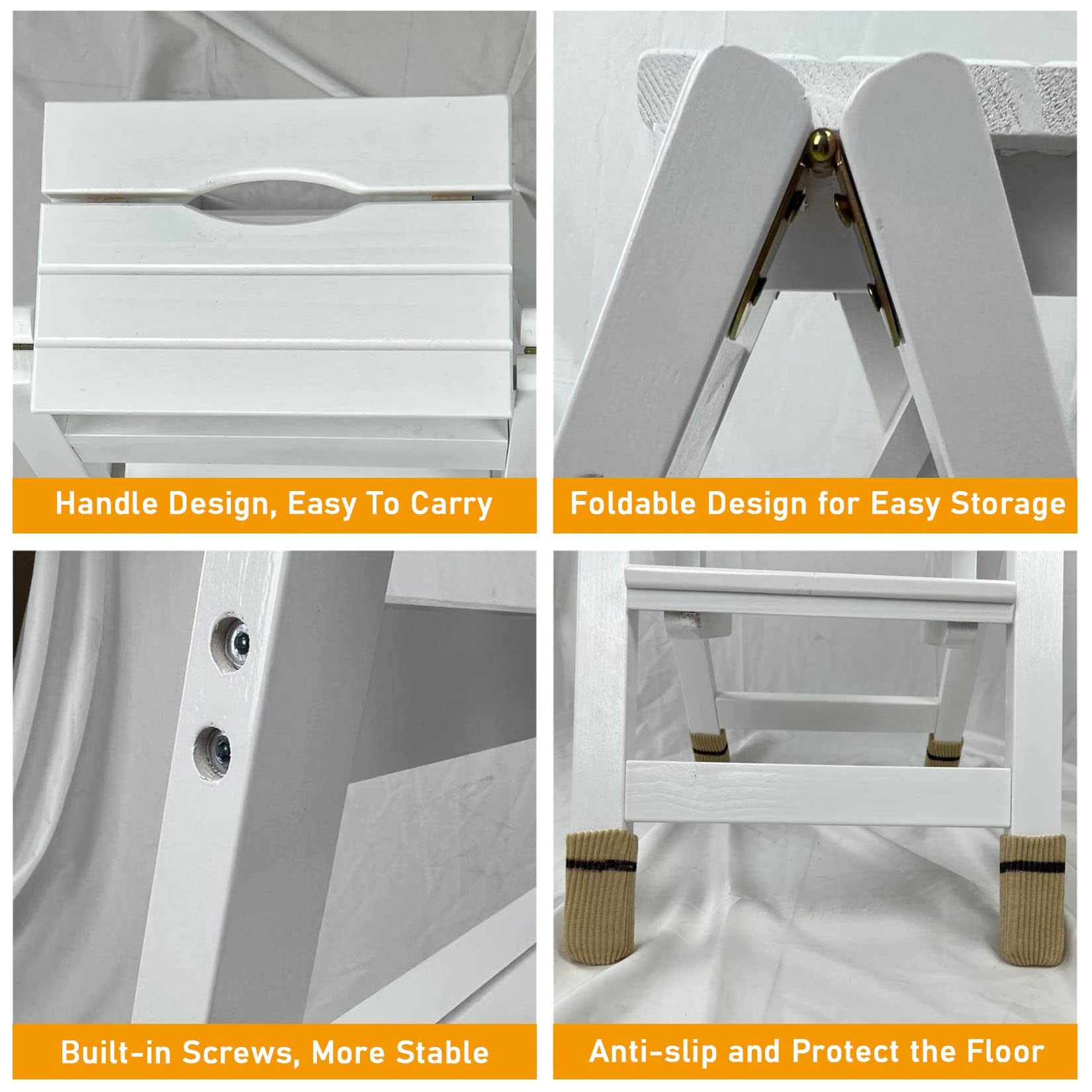 2-Step Folding Wooden Step Stool with Wide Anti-Slip Pedal - Sturdy Kitchen Ladder Stool for Home, Library & Office Use - White