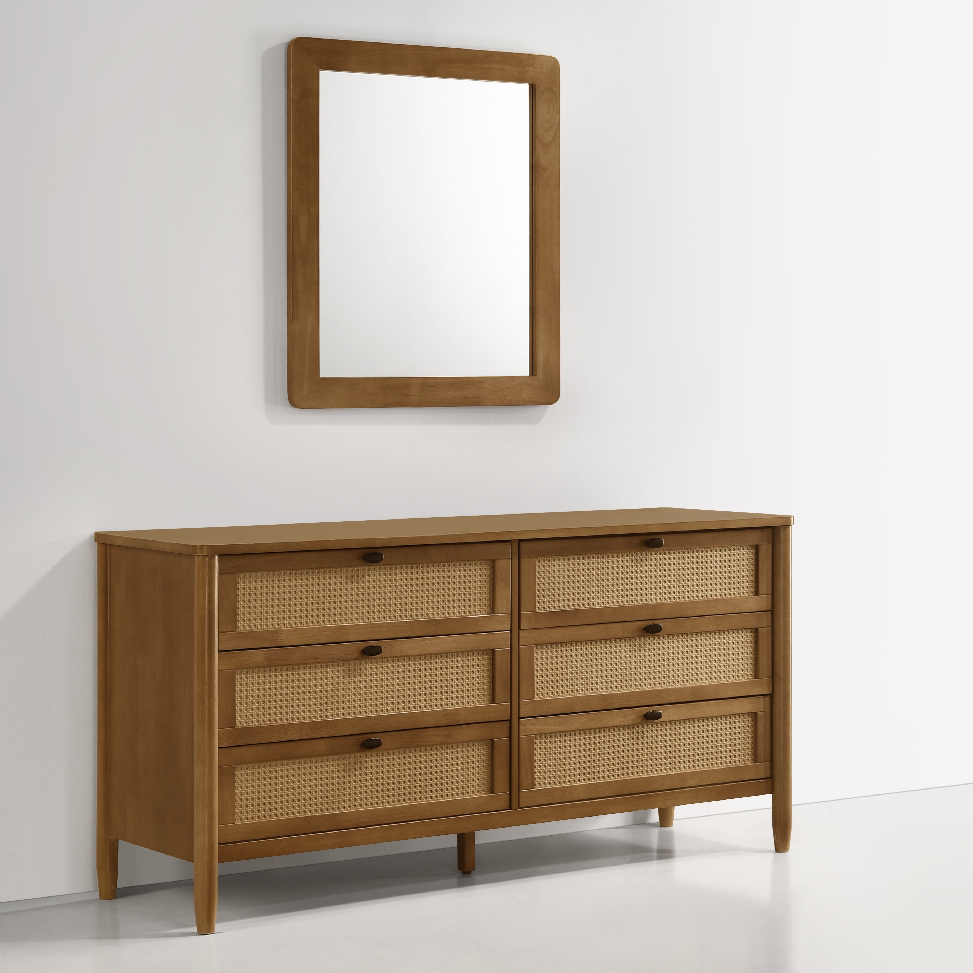 Roundhill Furniture Vichy 6-Drawer Wood and Rattan Dresser with Mirror - Stylish Bedroom Storage for Home Decor