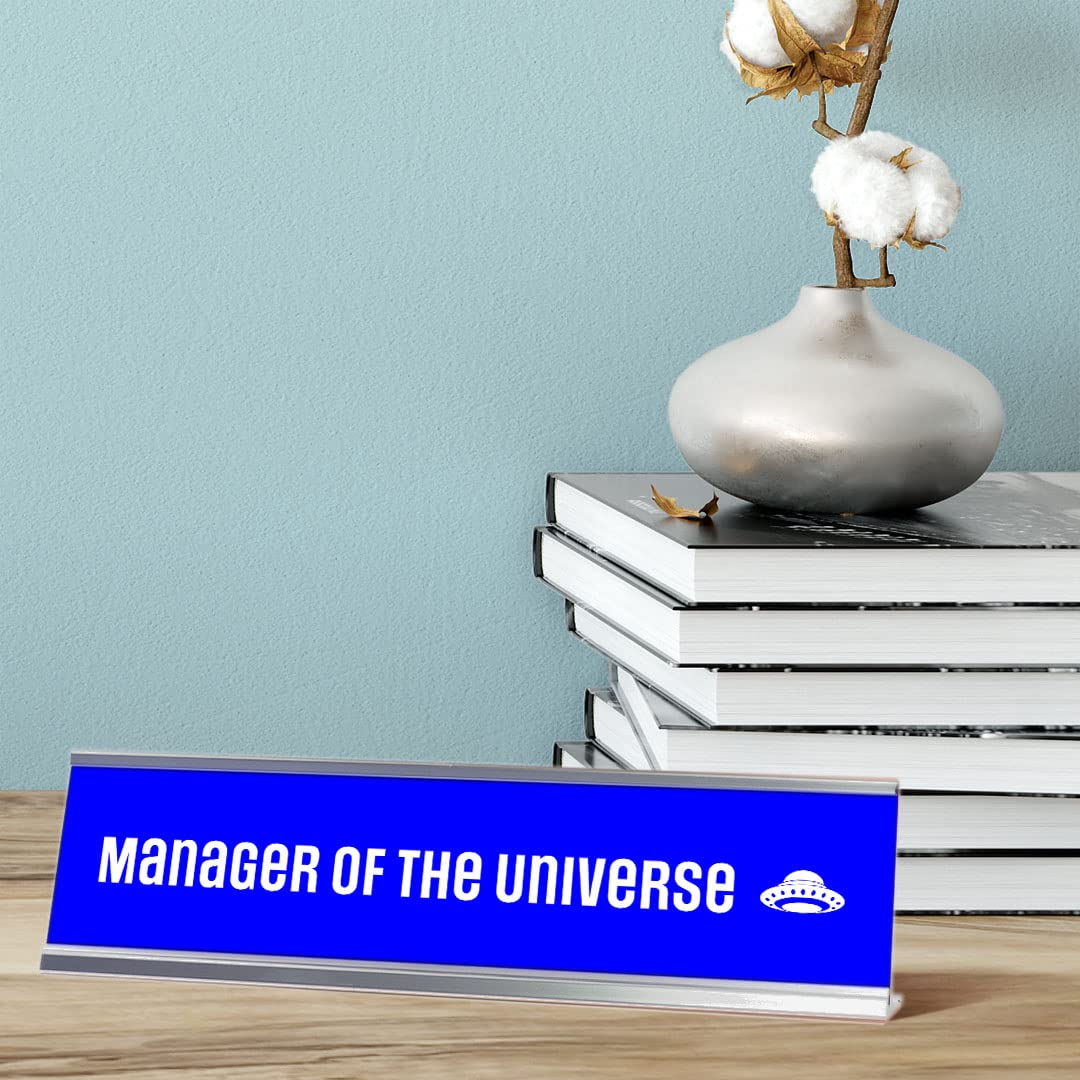 Blue Silver Frame Manager of The Universe Desk Sign (2x8 Inches) - Perfect for Office Decor, Motivational Gift & Executive Desk Accessory