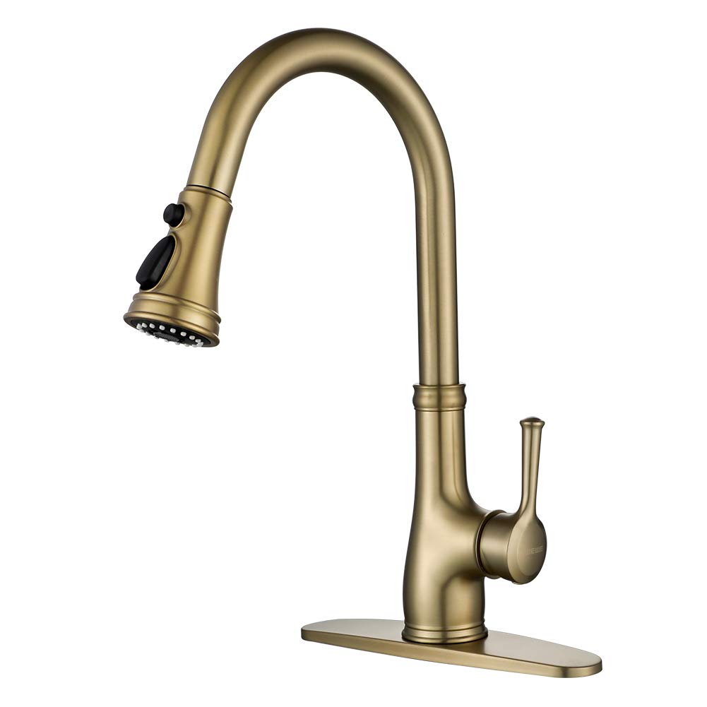 Premium Brushed Gold Kitchen Faucet with Pull-Out Sprayer - Single Handle 1-Hole Pull-Down Sink Faucet in Champagne Bronze by WEWE - Perfect for Modern Farmhouse & Contemporary Kitchen Renovations