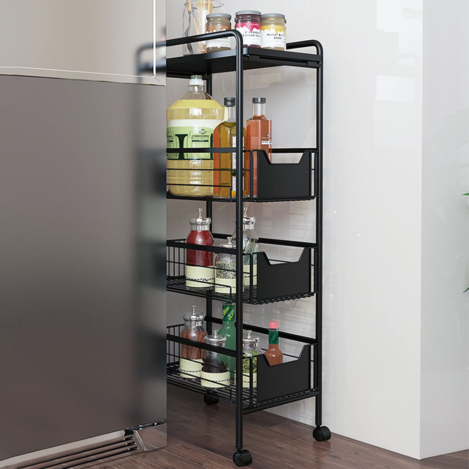 4-Tier Rotating Kitchen Storage Shelf with Wheels - Narrow Multi-Layer Baker's Rack for Spice, Pantry & Countertop Organization - Free Standing Kitchen Organizer for Small Spaces & Apartment Cooking