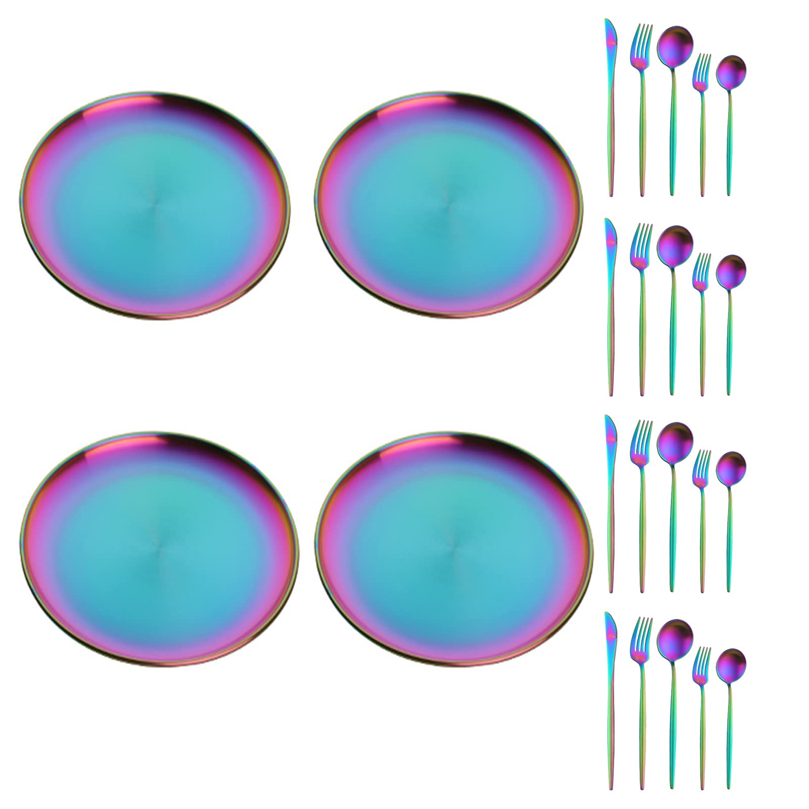 Rainbow Silverware Set for 4 - Stainless Steel Flatware with Iridescent Salad Plates, Knives, Forks & Spoons - Colorful Kitchen Cutlery Set - Dishwasher Safe - Perfect for Dinner Parties, Picnics & Home Decor