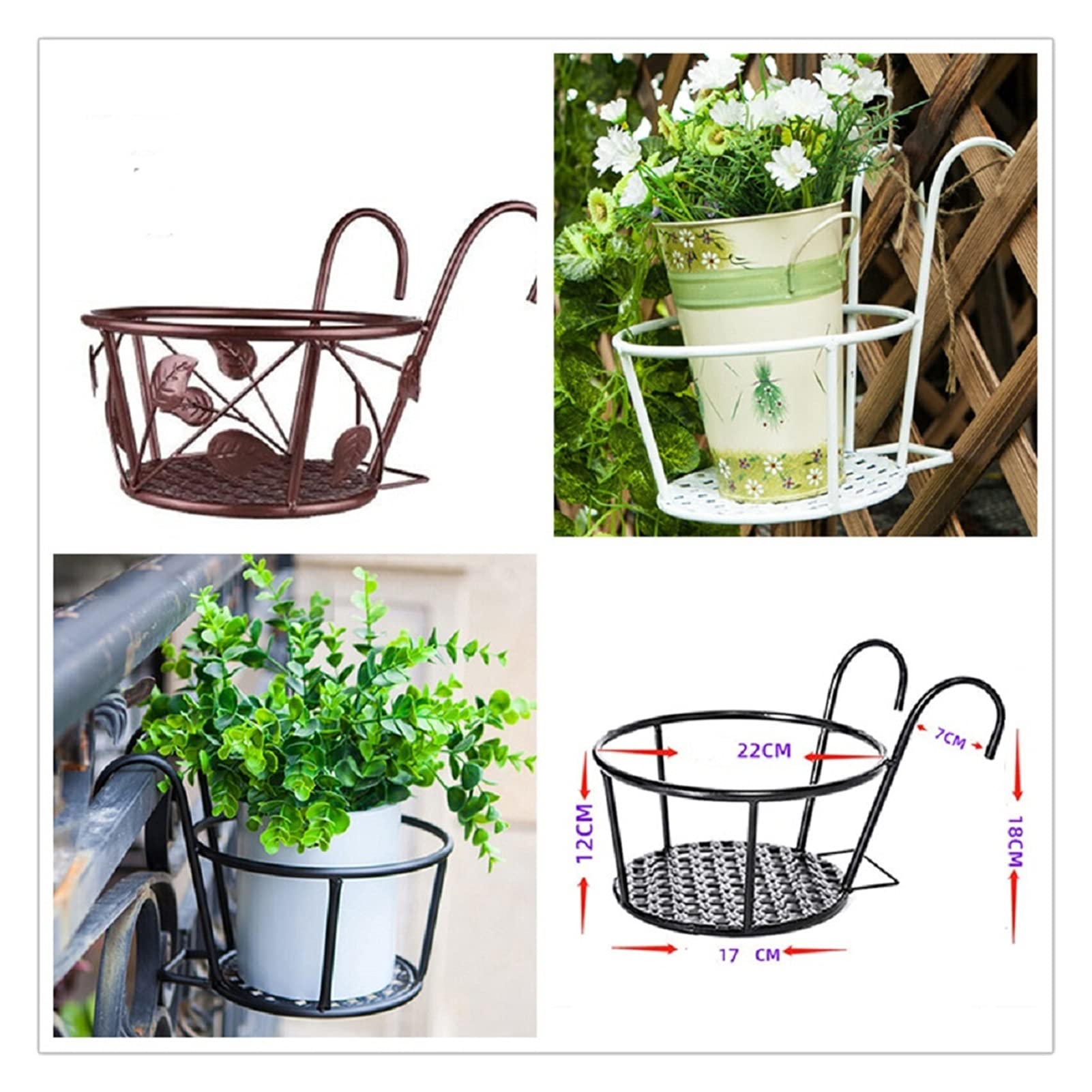 Wrought Iron Hanging Flower Pot Stand - Indoor/Outdoor Balcony Railing Planter with Wall Mount for Windows & Gardens (Brown Leaves Design) - Perfect for Small Space Gardening, Patio Decor & Vertical Planting