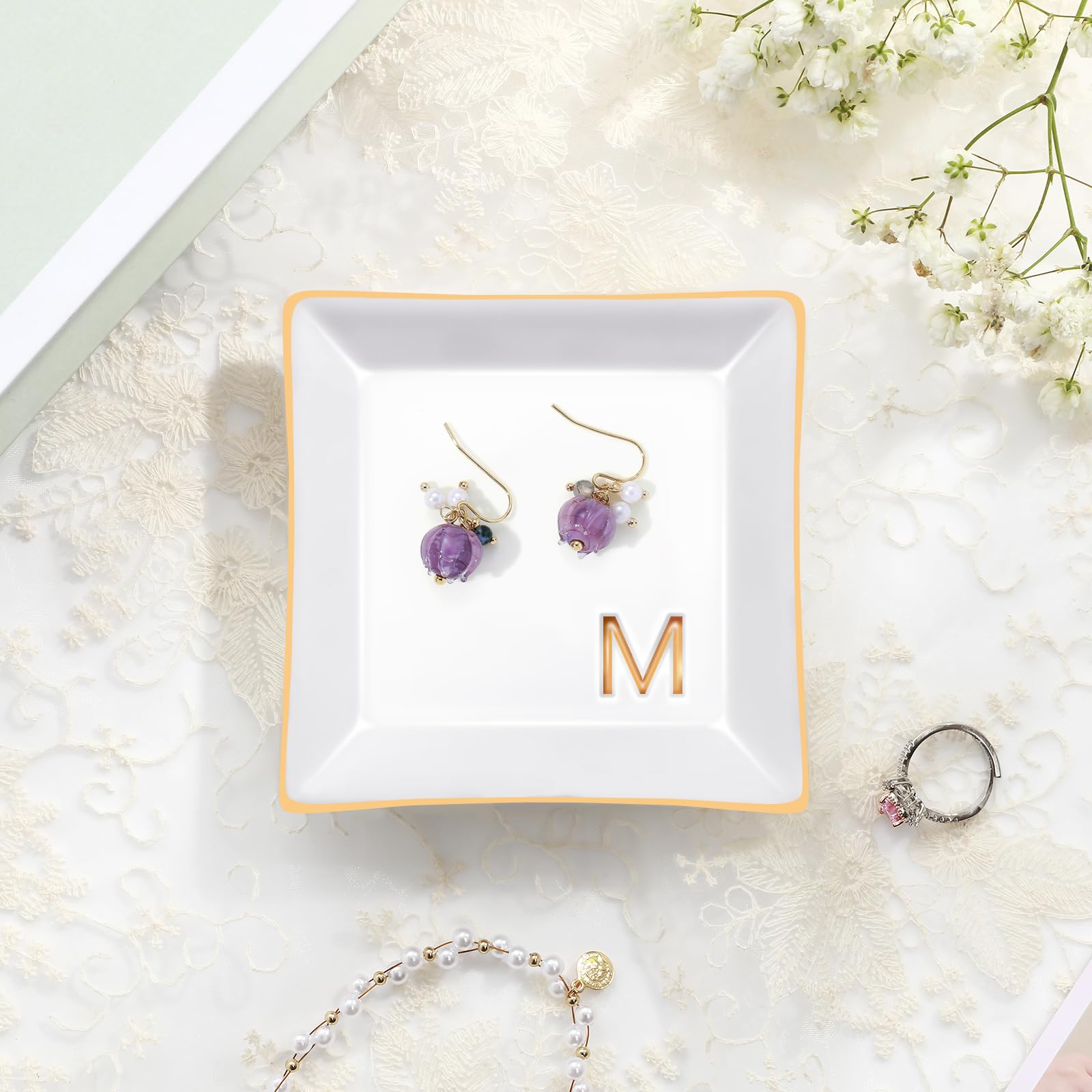 Personalized M-Monogrammed Ceramic White Ring Holder Jewelry Tray - Perfect Engagement, Wedding, Bridesmaid Gift for Bride, Mom, Sister & Friends - Ideal for Birthday, Christmas & Special Occasions - Stylish Jewelry Organizer for Vanity, Dresser & Bathroom Decor