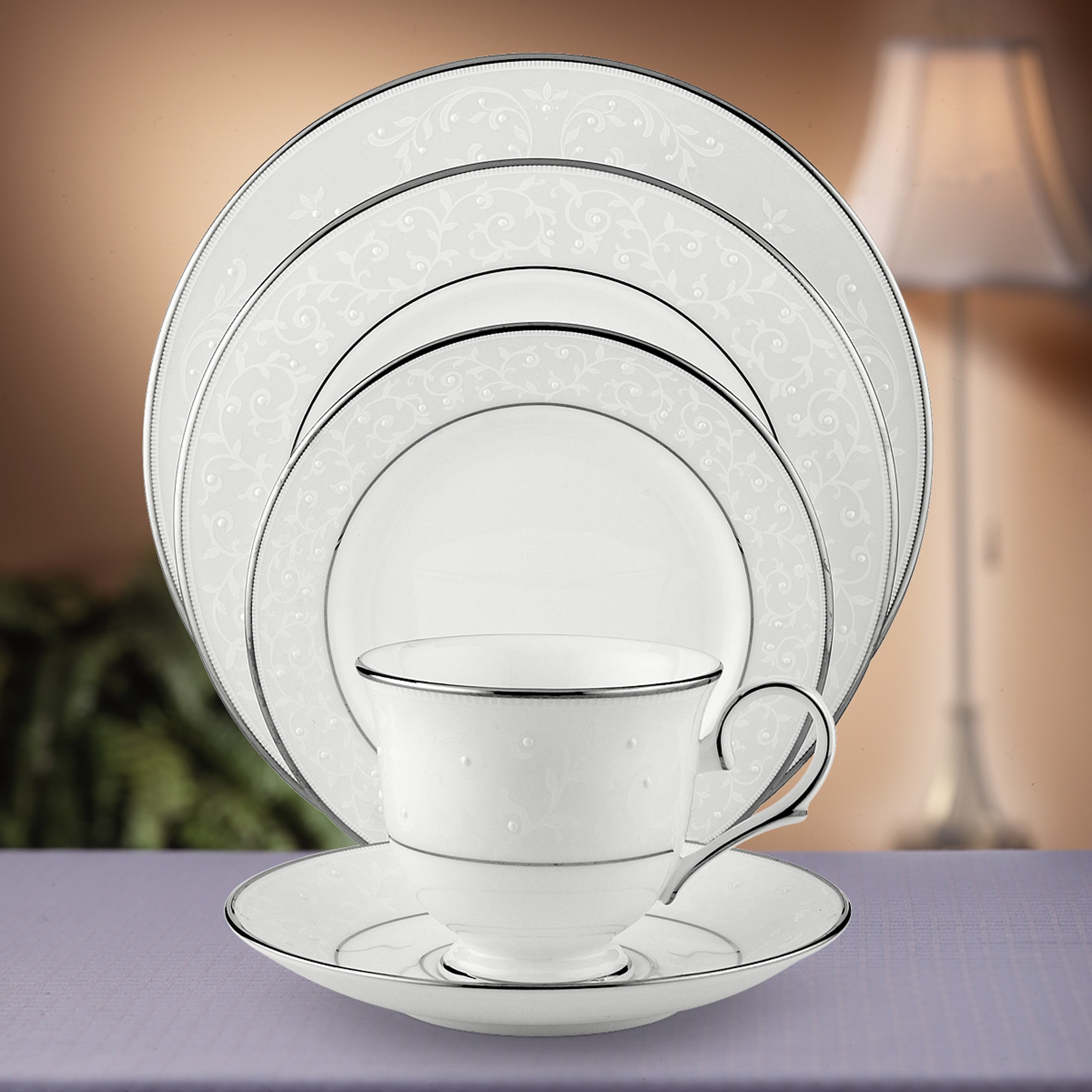 Lenox 5-Piece Opal Innocence White Dinnerware Set - Elegant Bone China Plates, Bowls & Cups for Formal Dining, Wedding Registry & Special Occasions