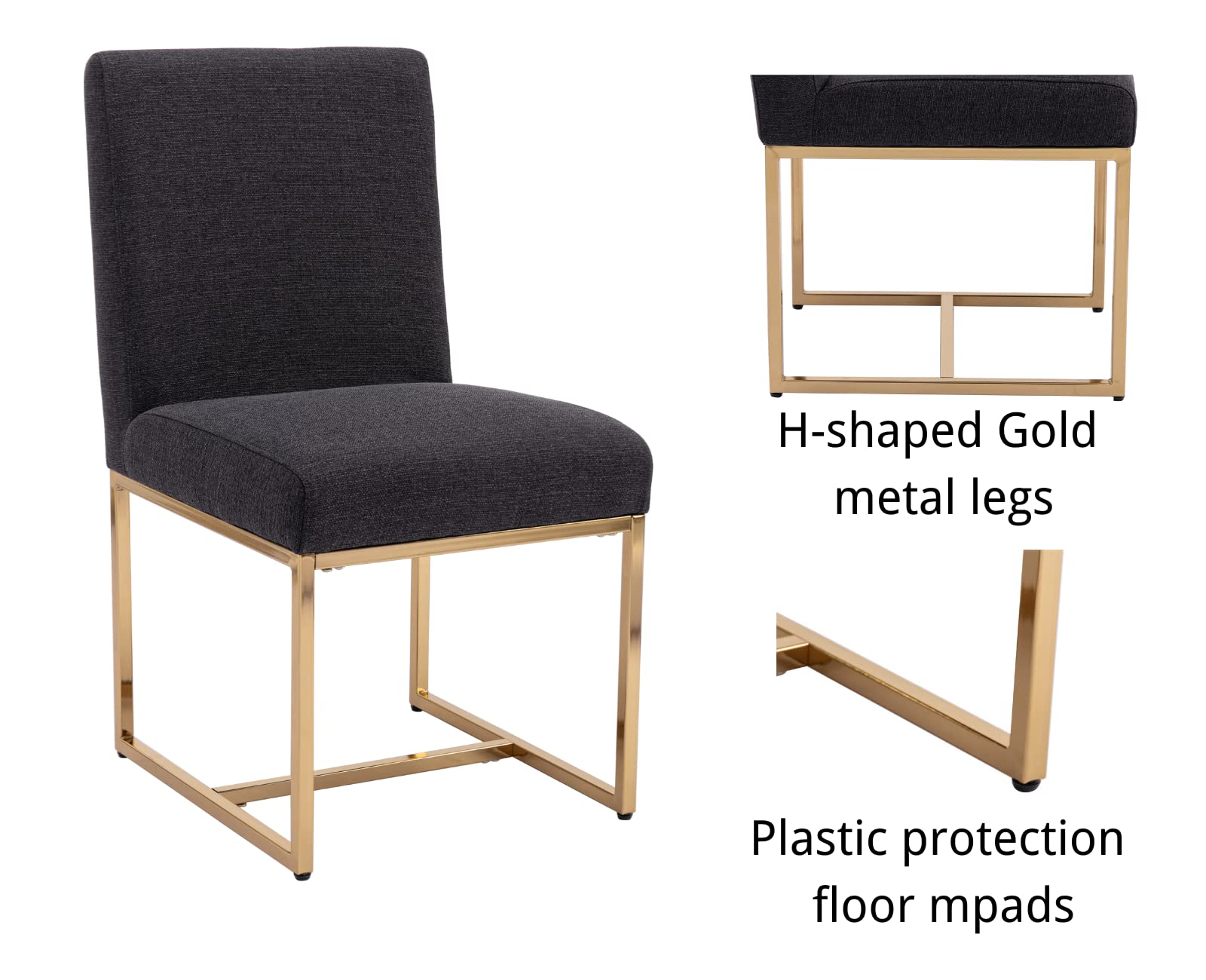 Mid Century Modern Upholstered Dining Chairs Set of 2 - Gold Metal Legs, Linen Fabric Padded Armless Side Chairs for Dining Room, Living Room & Bedroom - Comfortable Seating for Home Decor & Entertaining (Black, 2-Piece Set)