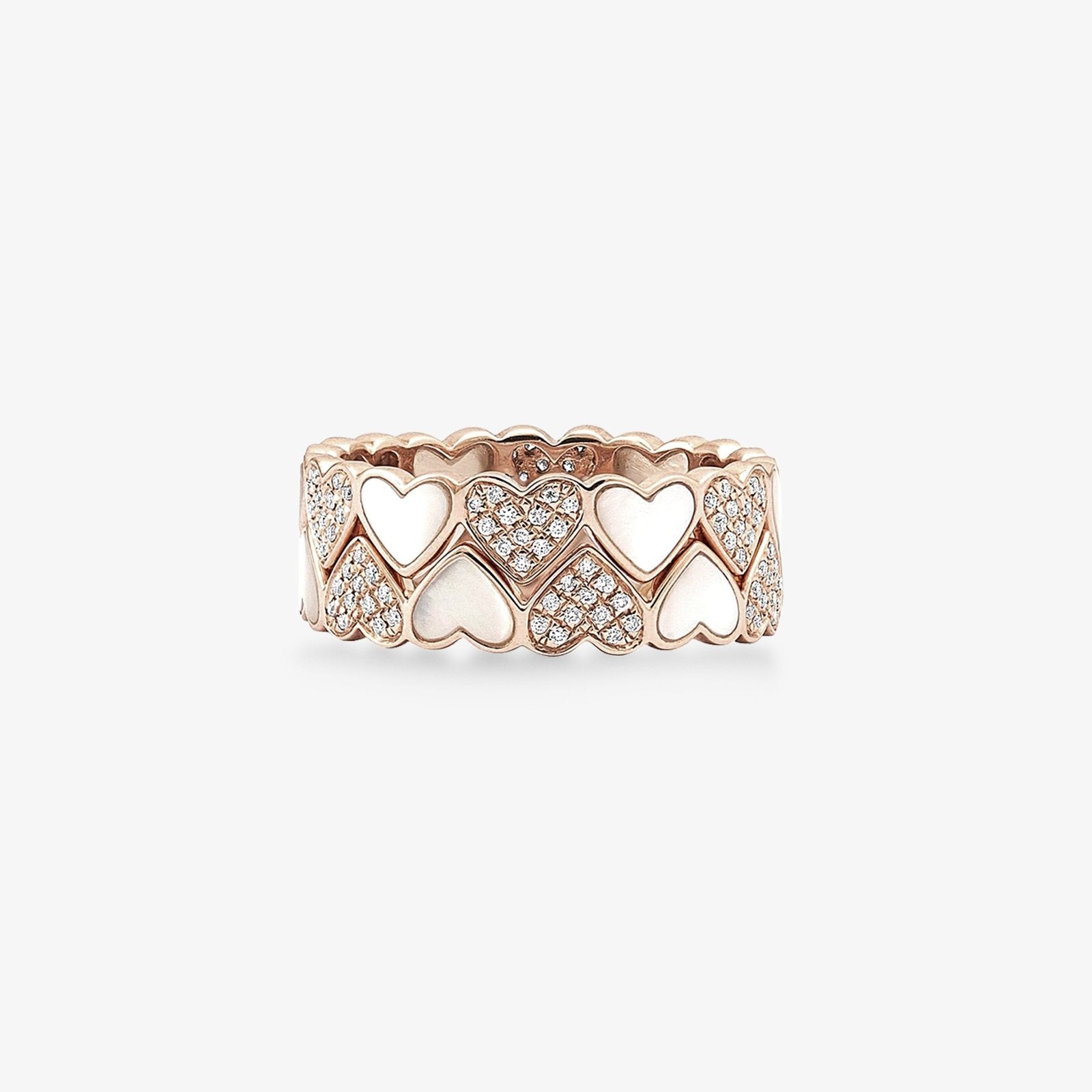 14k Rose Gold Diamond and Mother of Pearl Heart Eternity Band Ring - Romantic Wedding, Anniversary, or Valentine's Day Gift for Her