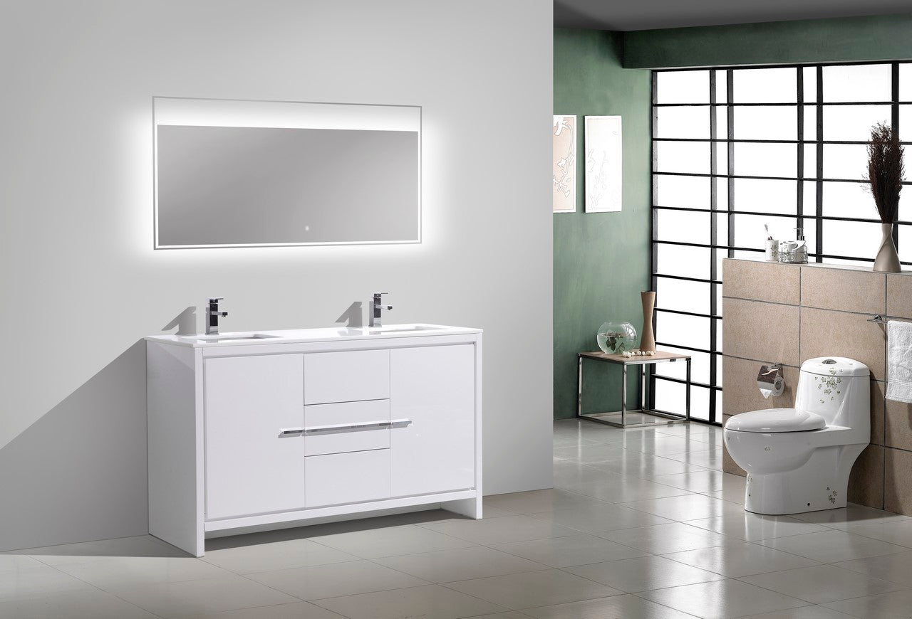 AD60 Double Sink Bathroom Vanity with Gloss White Quartz Countertop - Modern Floor Standing Design for Master Bath & Powder Room Renovation