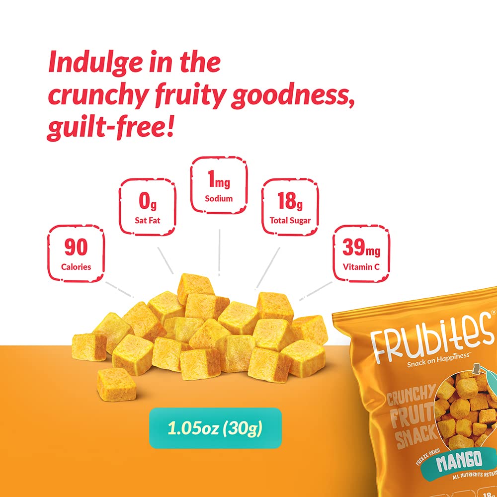 Frubites Freeze Dried Mango Snacks - Crunchy, Healthy Fruit Treats | No Sugar, No Preservatives, Gluten-Free, Vegan, Non-GMO | 7 Packs (1.06oz Each) | Perfect for School Lunches, Hiking, and On-the-Go Snacking
