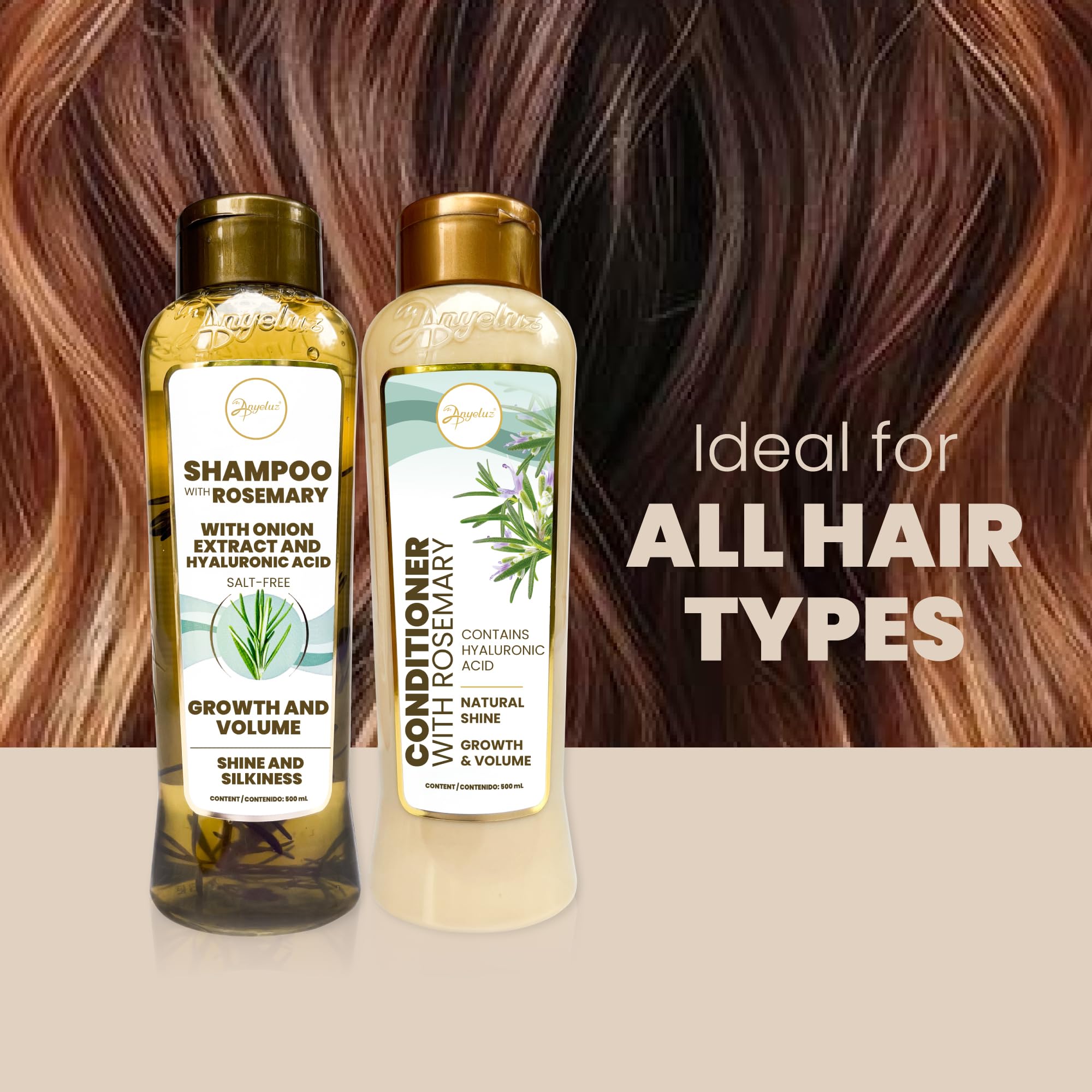 ANYELUZ Rosemary Shampoo and Conditioner Set with Hyaluronic Acid & Natural Extracts - Hair Strengthening & Hydrating Treatment for Shine & Vitality - Perfect for Dry, Damaged Hair & Scalp Care at Home