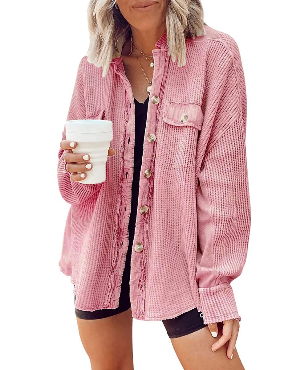 Ebossy Women's Long Batwing Sleeve Cardigan - Lightweight Waffle Textured Boyfriend Shirt Jacket Shacket for Casual Outfits & Layering
