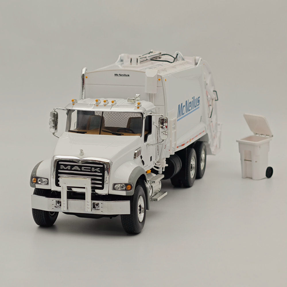 1/34 Scale Mack Granite with McNeilus Rear Load Refuse Body & Trash Carts - White Diecast Model Truck (First Gear 10-4295) - Perfect for Collectors, Display, and Construction-Themed Dioramas