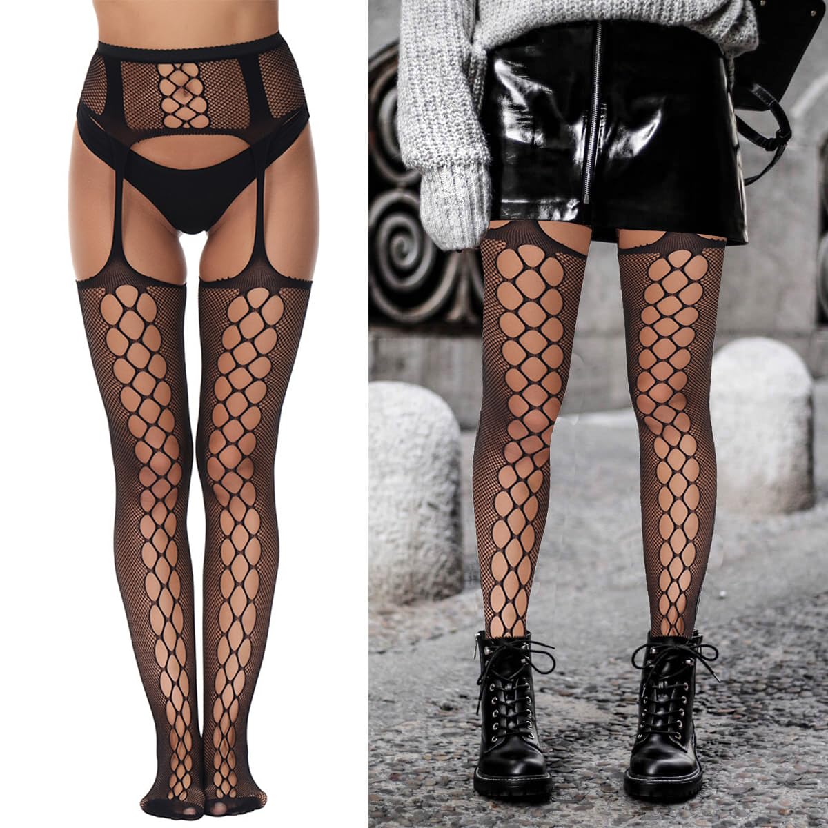 SOUTHRO 5 Pairs Fishnet Thigh High Stockings with Garter Belt Set - Sexy Patterned Tights & Suspender Pantyhose for Women & Girls | Perfect for Halloween, Cosplay, Lingerie & Night Out Outfits