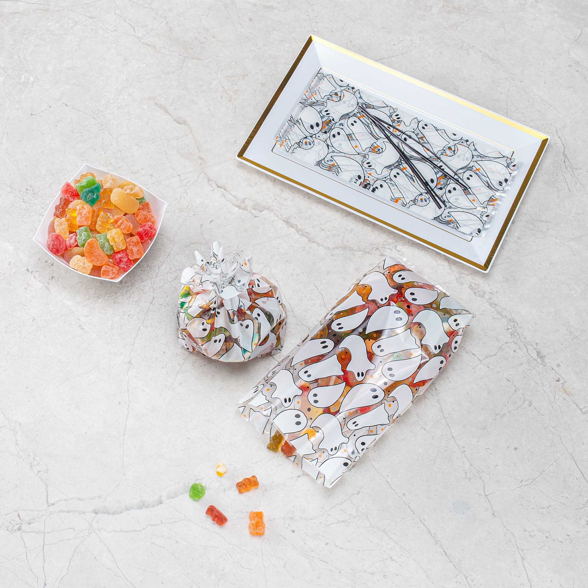 Plastic Candy Bags for Halloween - 4x2x9.5 Inch Gusseted Ghost Design Treat Bags (4000 Count Bulk Pack) - Perfect for Party Favors, Trick or Treat, and Candy Packaging
