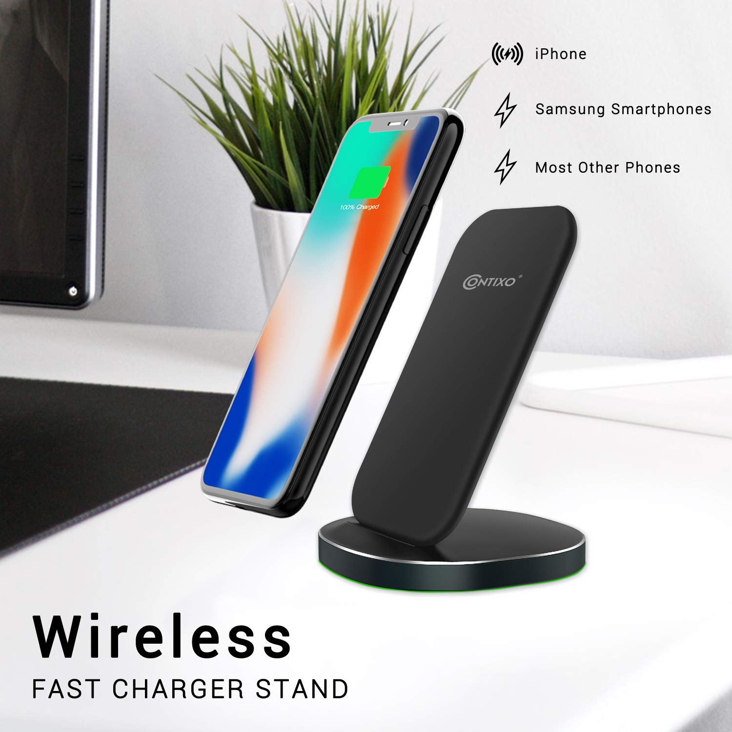 Contixo W3 Qi-Certified Wireless Charging Stand - 10W Fast Charger for iPhone 11/11 Pro/11 Pro Max/XS/XR/X/8/8 Plus & Samsung Galaxy S10/S9/S8/Note 10/Note 9 - Perfect for Home, Office & Nightstand Charging