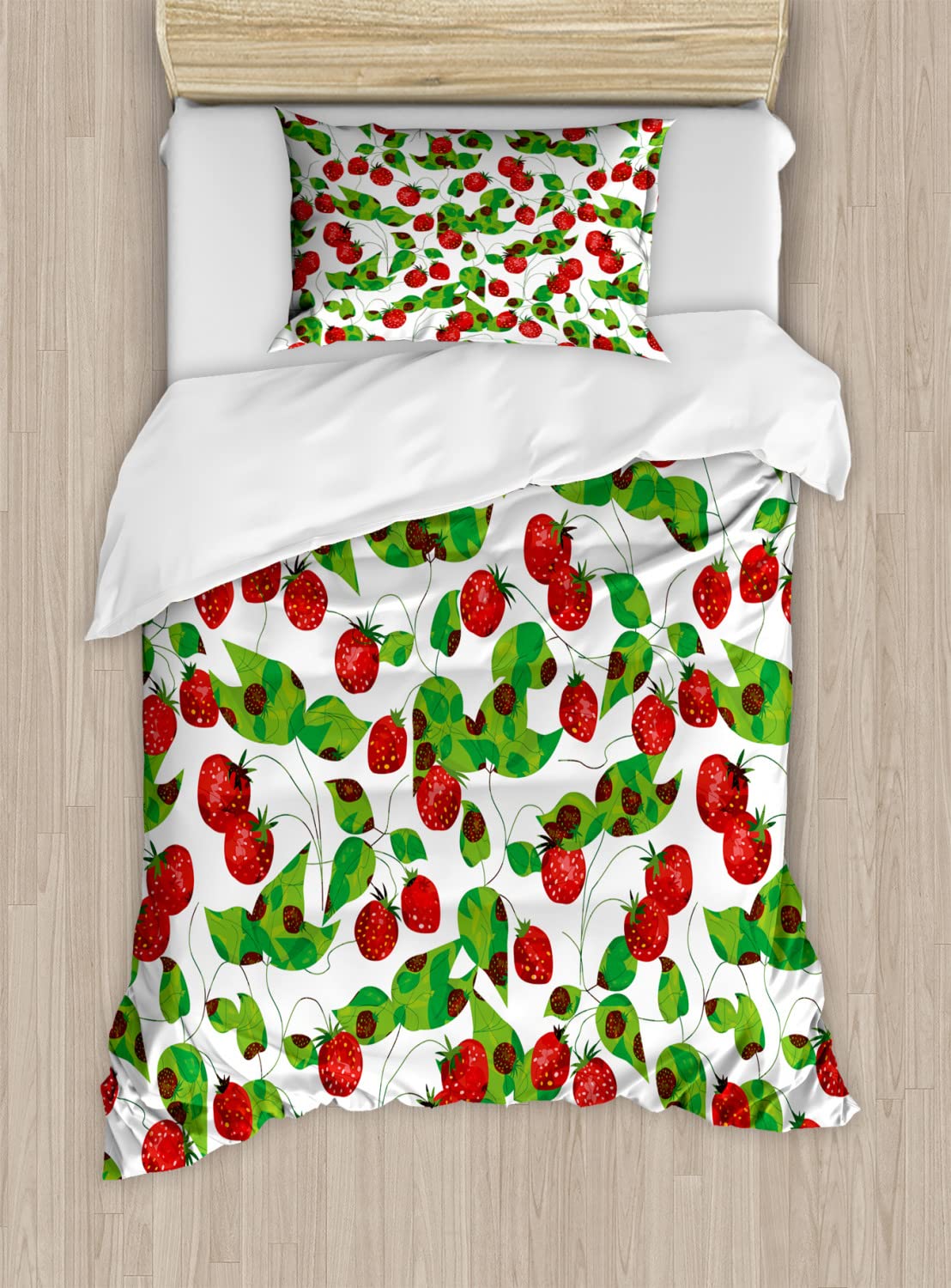 Ambesonne Fruits Duvet Cover Sets - Summer Strawberry Branch Garden Leaf Print Bedding Set (2 Duvet Covers + 2 Pillowcases), Twin Size 2-Pack in Red, Fern Green & White - Perfect for Summer Bedroom Decor, Guest Room Refresh & Nature-Themed Home Styling