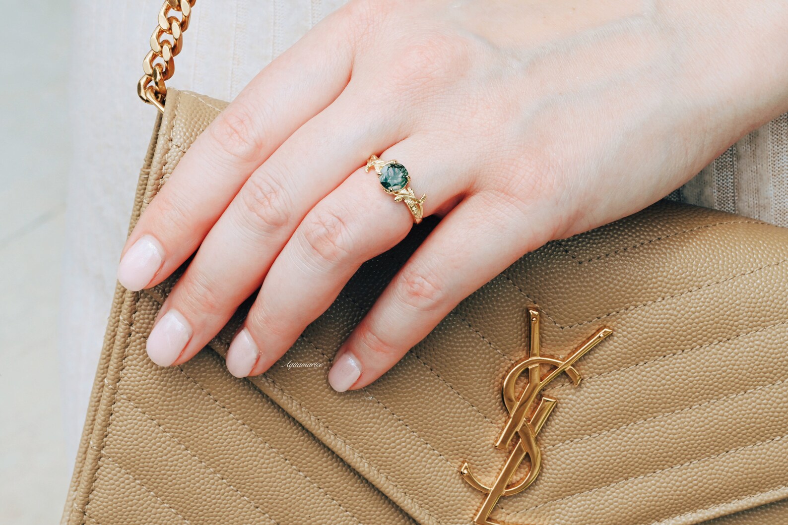 Natural Moss Agate Leaf Engagement Ring - 14K Yellow Gold Vermeil Wedding Band for Women, Nature-Inspired Jewelry for Brides, Anniversary Gifts & Boho Style Accessories | Perfect for Outdoor Weddings, Beach Proposals & Everyday Boho Fashion