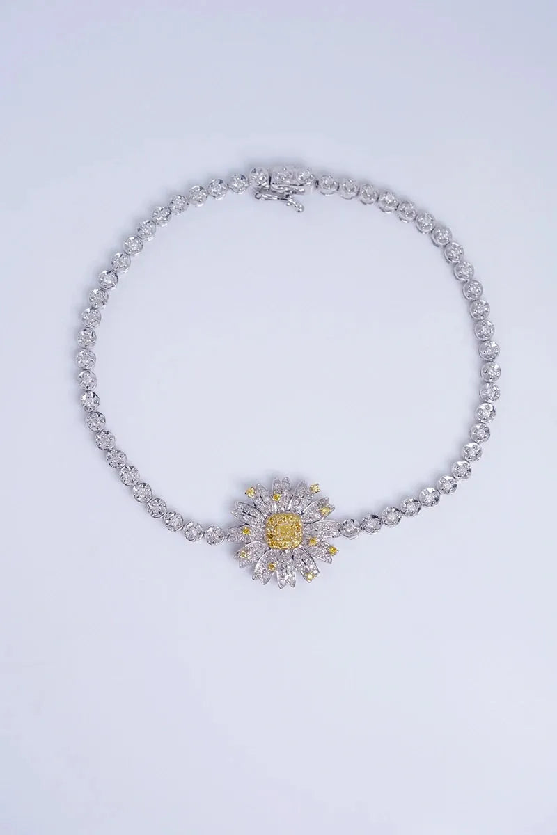 18K White Gold Daisy Bracelet for Women - Real Natural White & Yellow Diamond Wedding Jewelry | Elegant Daisy Design, High-Quality Gift for Brides, Anniversaries & Special Occasions